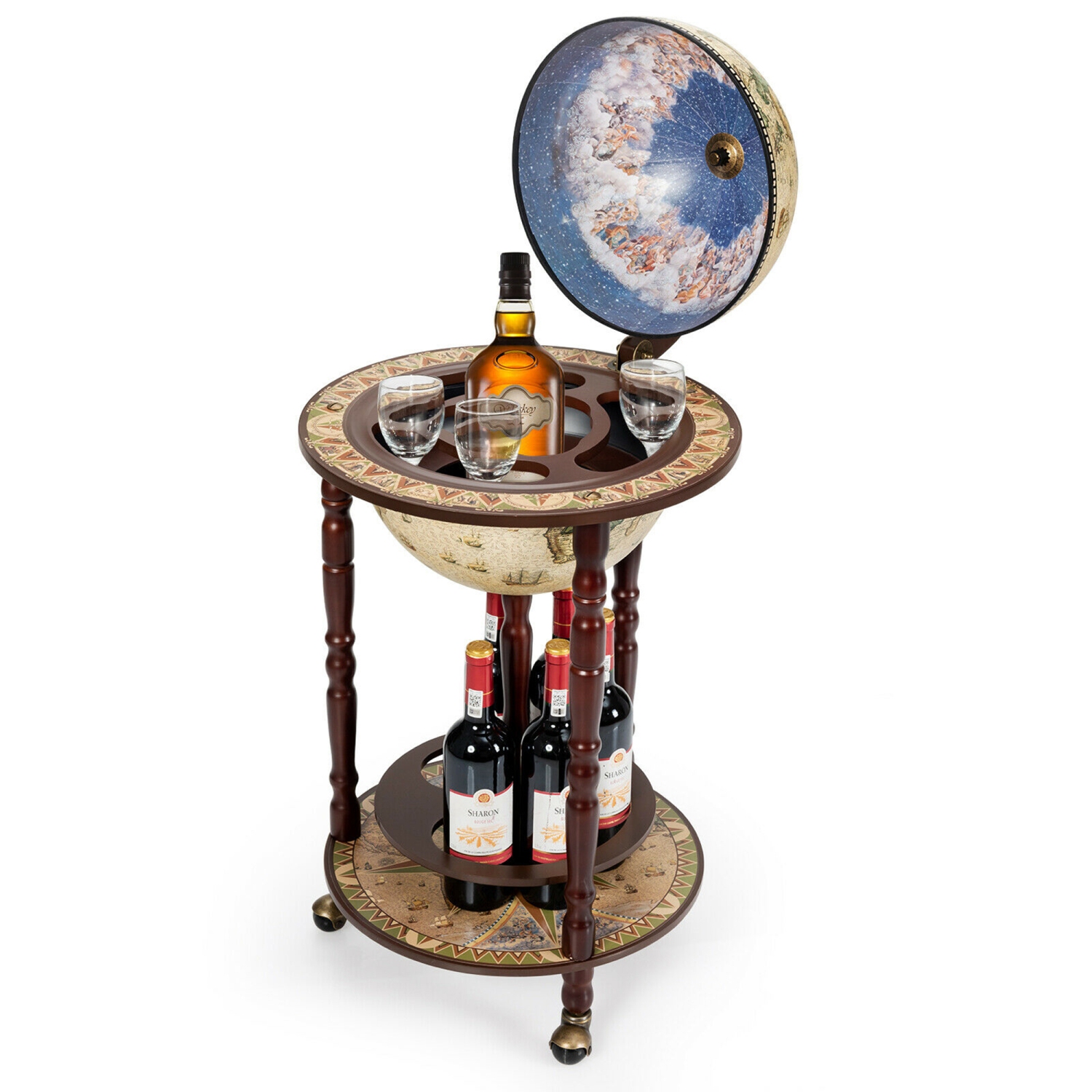GYMAX Bar Globe Terrestre Mappemonde en Bois d'Eucalyptus Casier à Bouteille Minibar Roulant 16e siècle