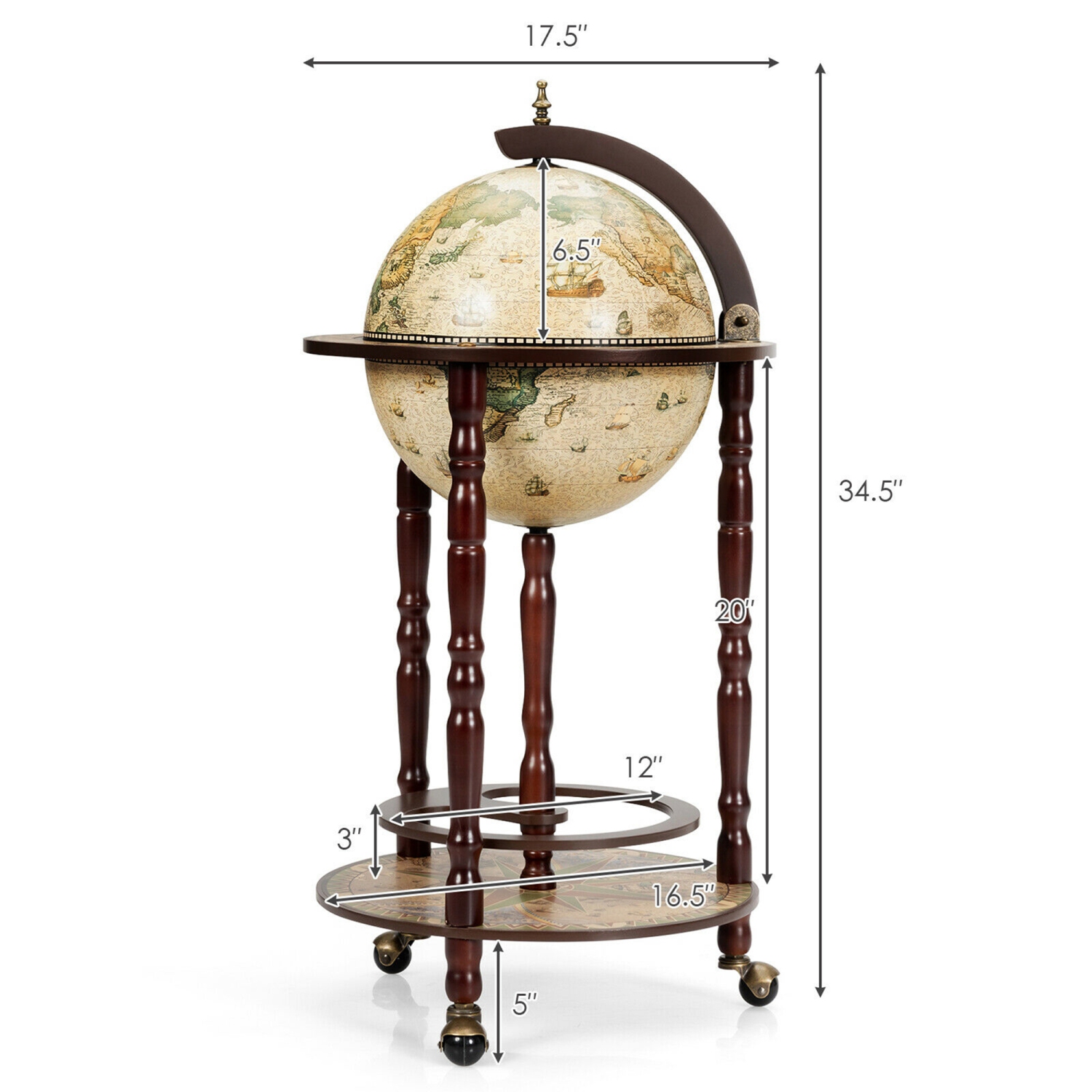 GYMAX Bar Globe Terrestre Mappemonde en Bois d'Eucalyptus Casier à Bouteille Minibar Roulant 16e siècle
