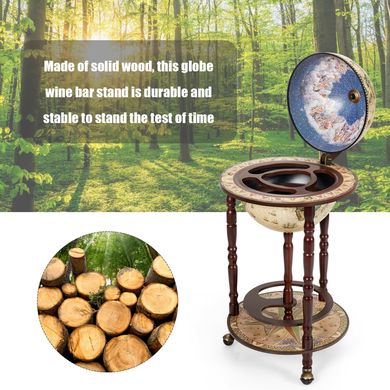 GYMAX Bar Globe Terrestre Mappemonde en Bois d'Eucalyptus Casier à Bouteille Minibar Roulant 16e siècle