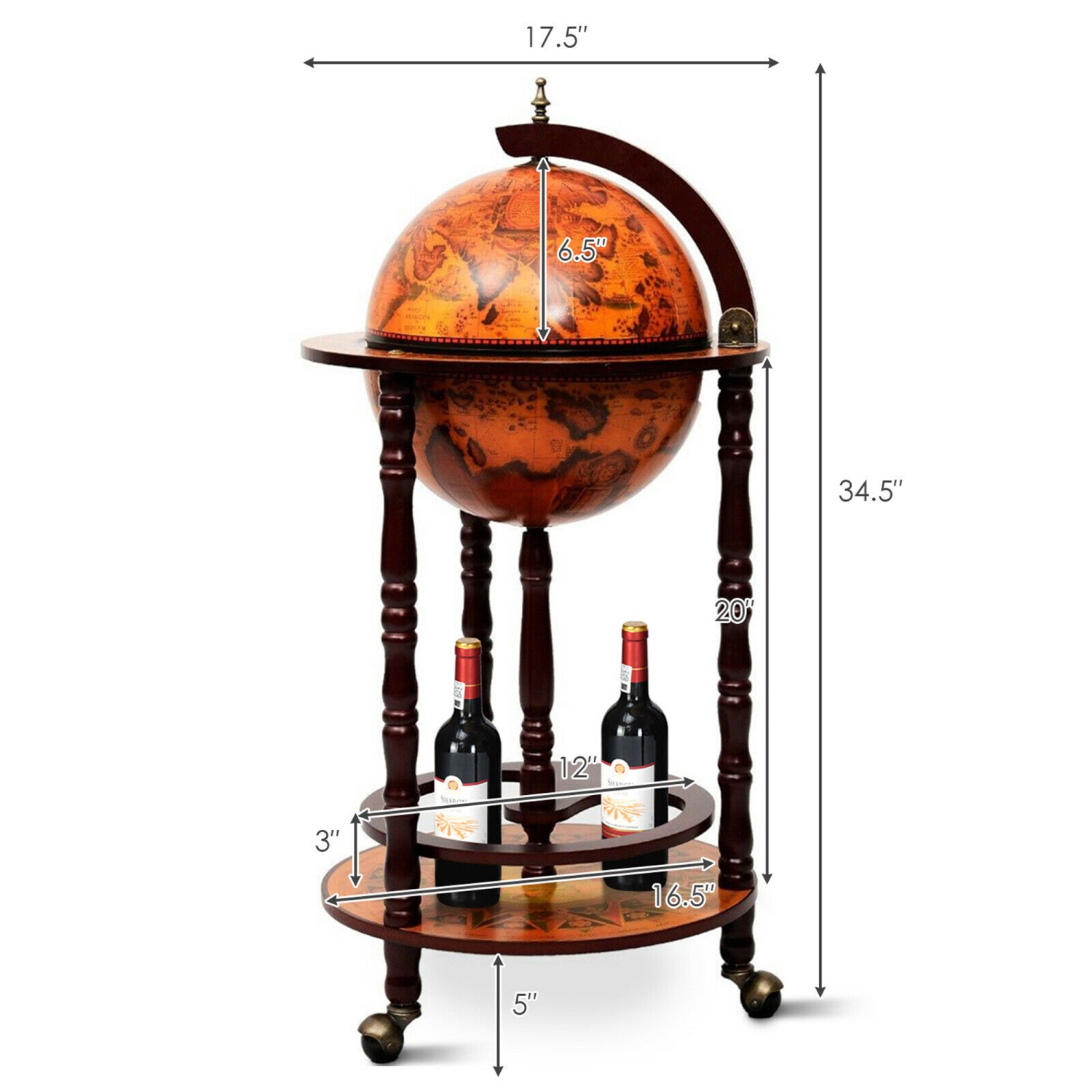 Gymax Wood Globe Wine Bar Stand 16th Century Italian Rack Liquor Bottle Shelf