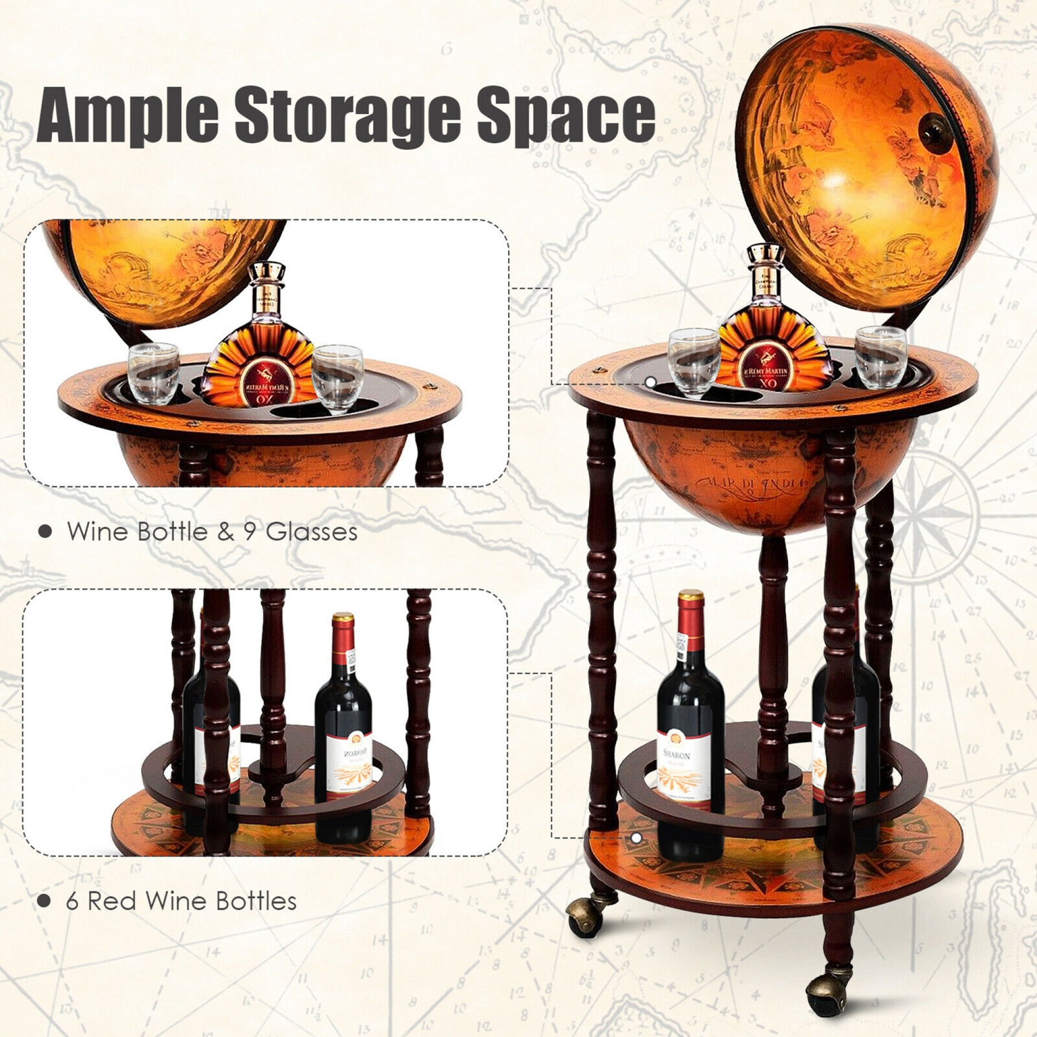 Gymax Wood Globe Wine Bar Stand 16th Century Italian Rack Liquor Bottle Shelf