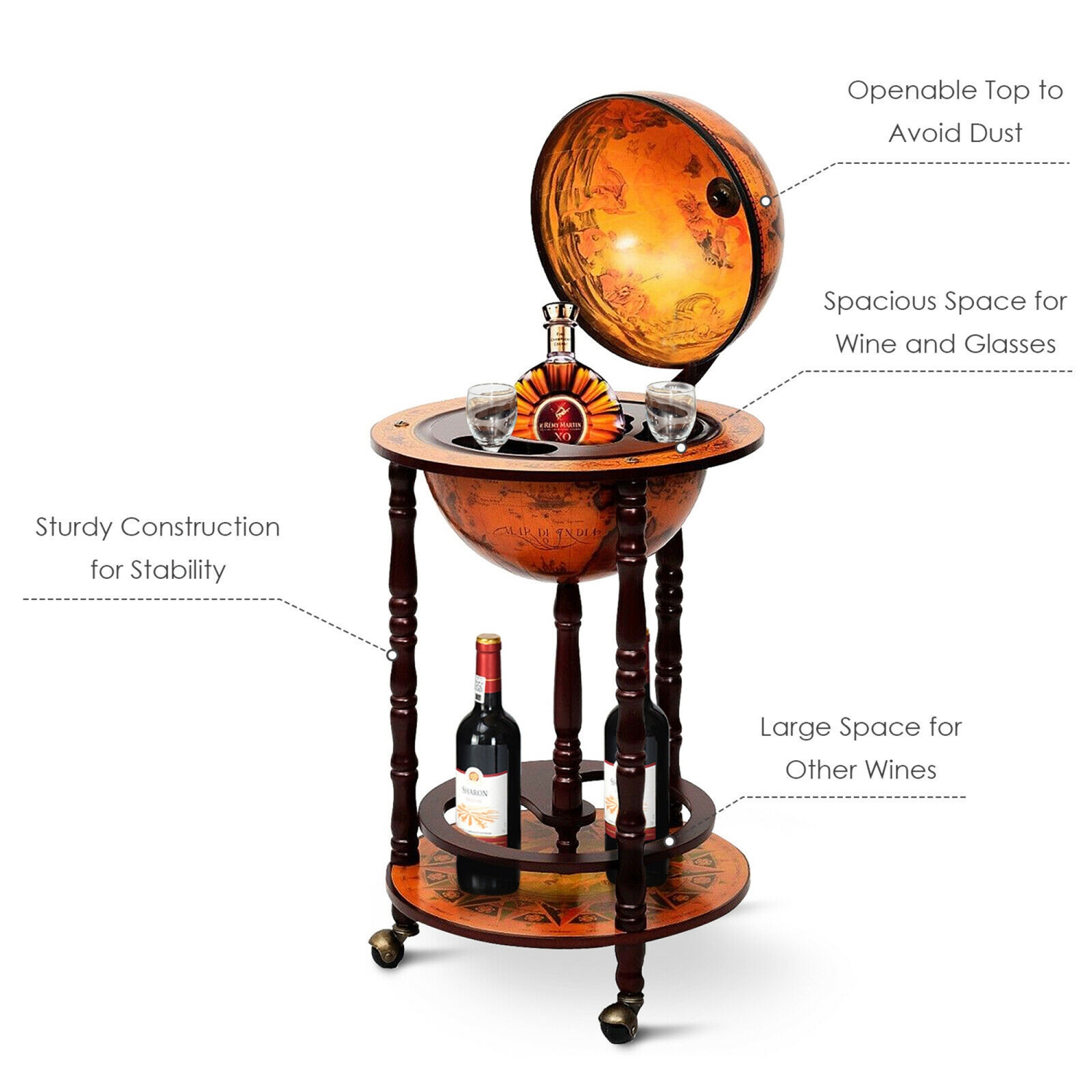 Gymax Wood Globe Wine Bar Stand 16th Century Italian Rack Liquor Bottle Shelf