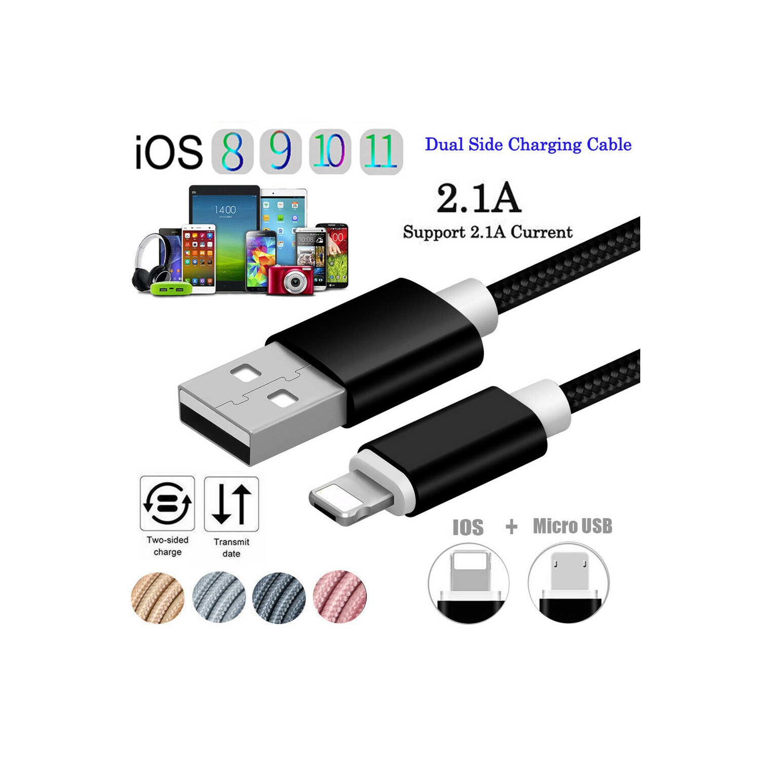 2 in 1 Double Sided Reverse Micro USB & Lightning Data Charge Cable for iPhone / Samsung & Android, Black