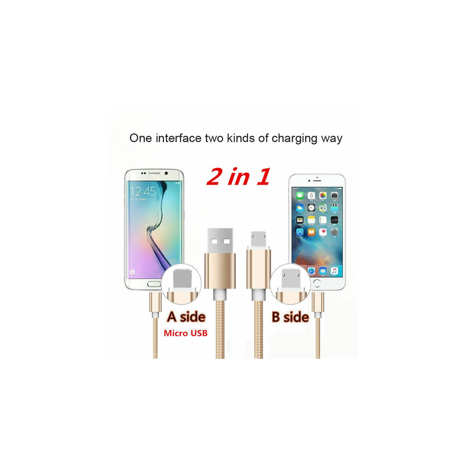 2 in 1 Double Sided Reverse Micro USB & Lightning Data Charge Cable for iPhone / Samsung & Android, Gold