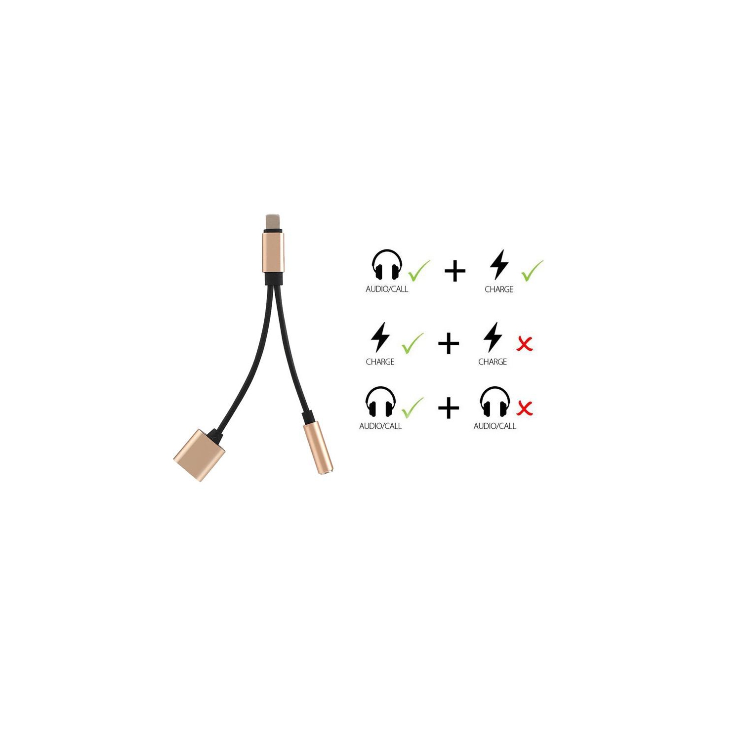【CSmart】2 in 1 Lightning to Headphone Jack Adapter & Charge Cable for iPhone 6 7 8 Plus X, Rose Gold