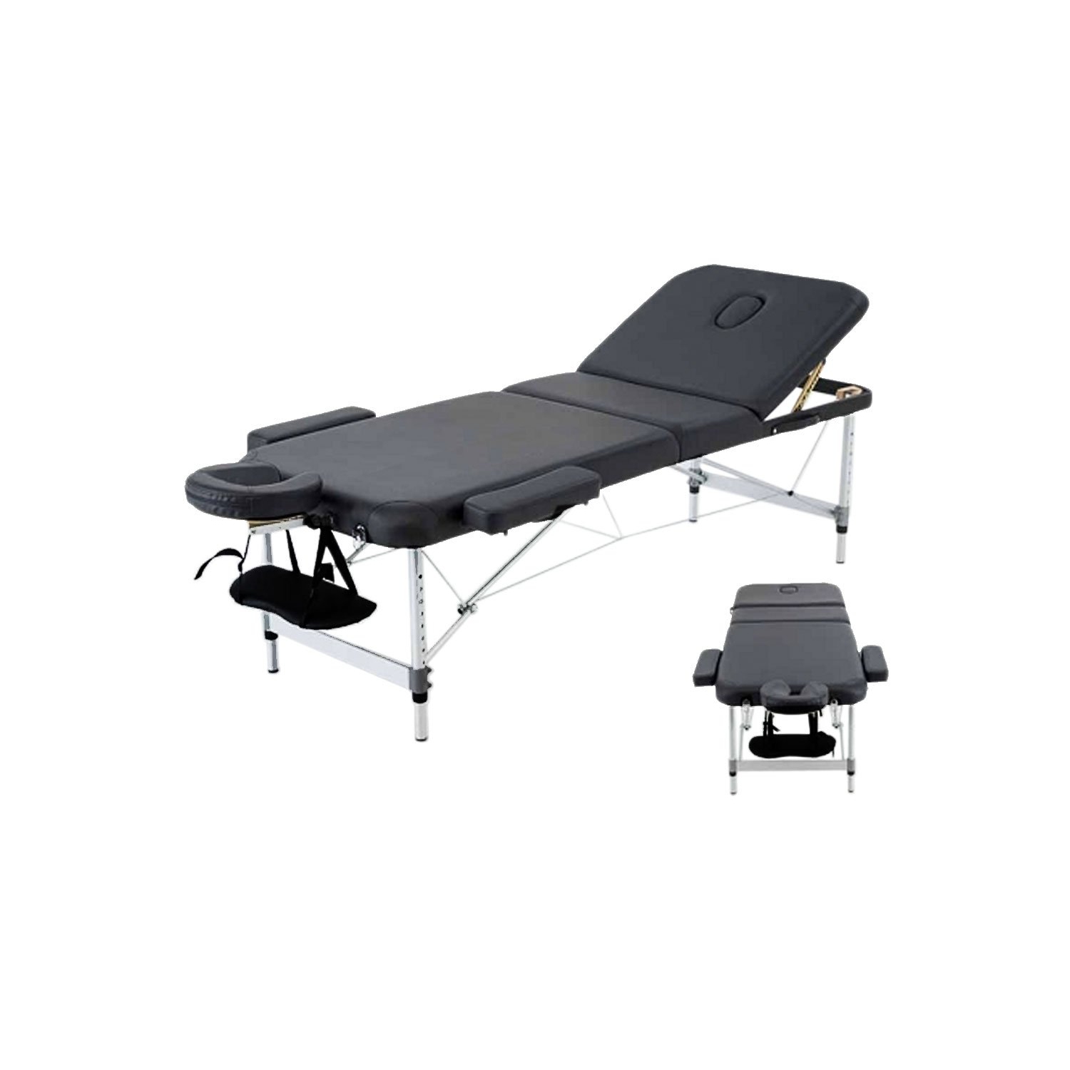 Black 3-Section Aluminum 84"L Portable Massage Table Facial SPA Bed Tattoo w/ Free Carry Case and Accessories