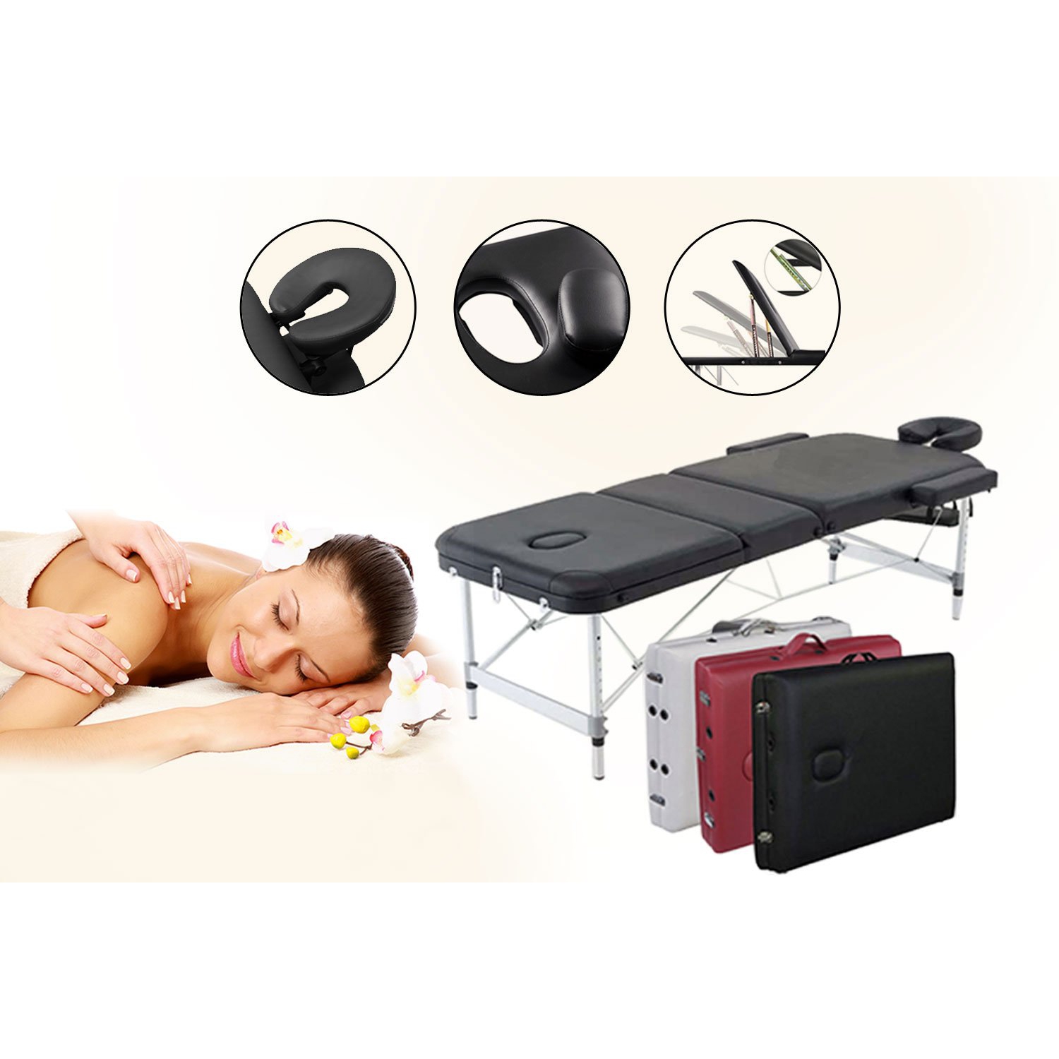 Black 3-Section Aluminum 84"L Portable Massage Table Facial SPA Bed Tattoo w/ Free Carry Case and Accessories