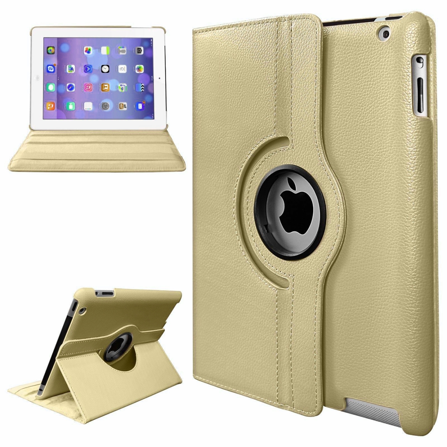 【CSmart】 360 Rotating PU Leather Stand Case Smart Cover for iPad Air 1 2 1st 2nd Gen, Gold