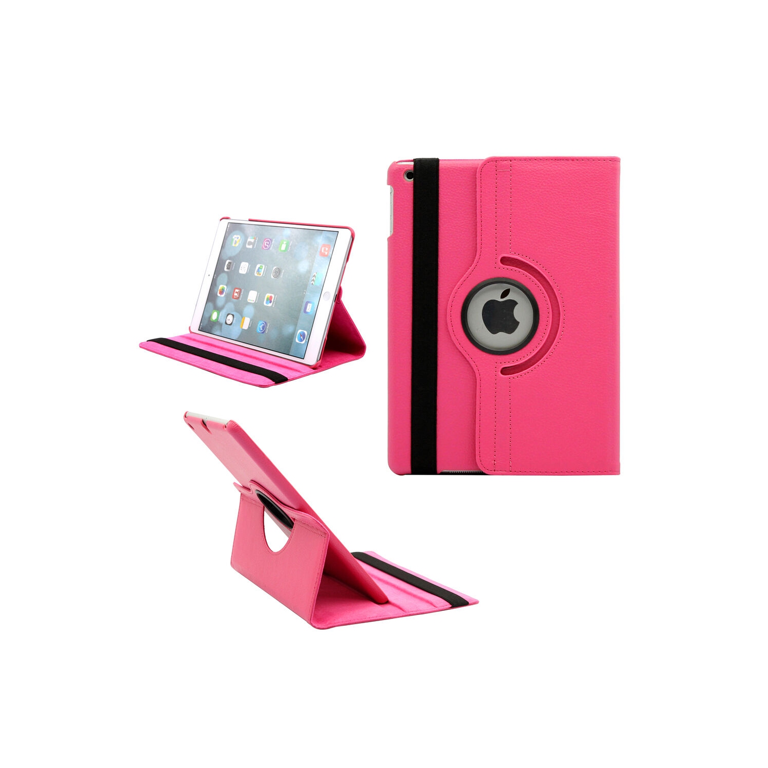 【CSmart】 360 Rotating PU Leather Stand Case Smart Cover for iPad Air 1 2 1st 2nd Gen, Hot Pink