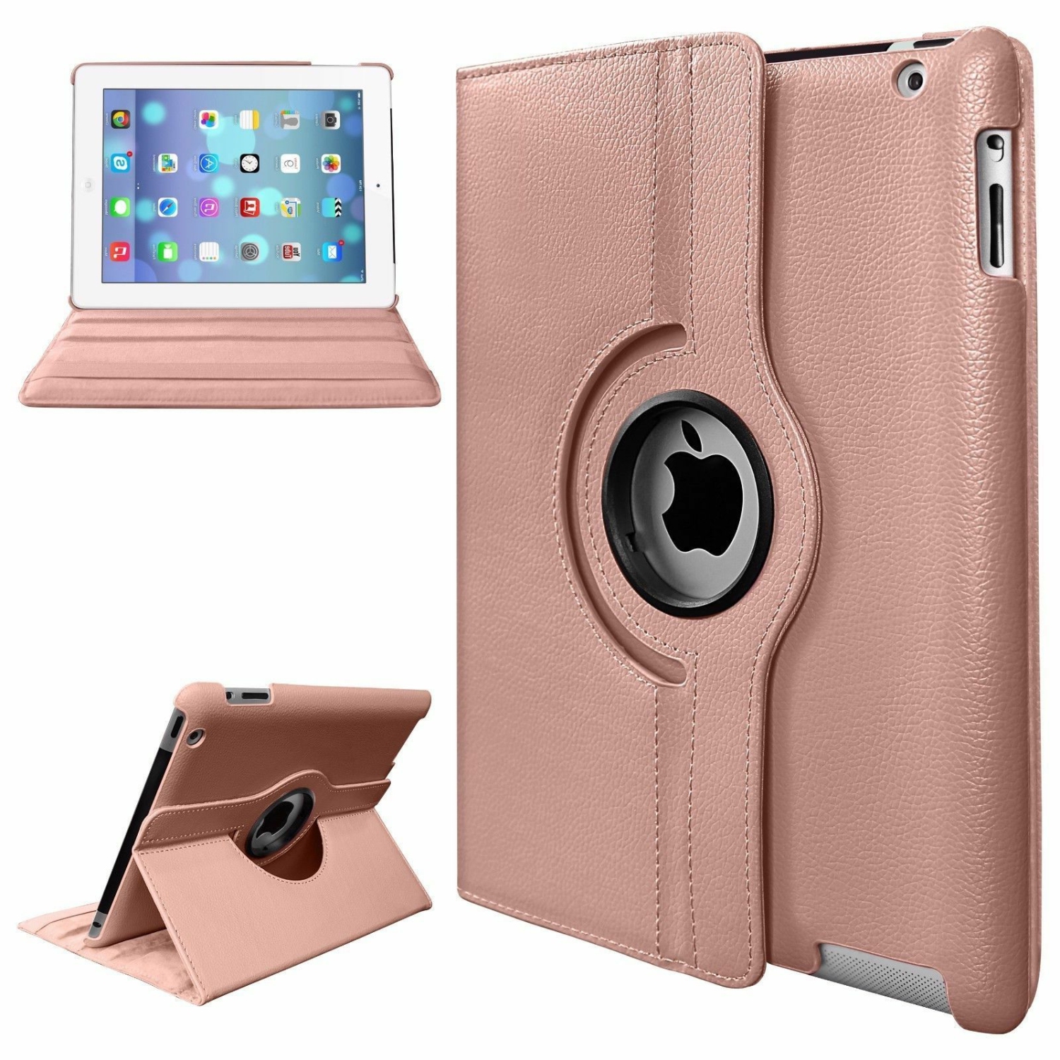 【CSmart】 360 Rotating PU Leather Stand Case Smart Cover for iPad Air 1 2 1st 2nd Gen, Rose Gold