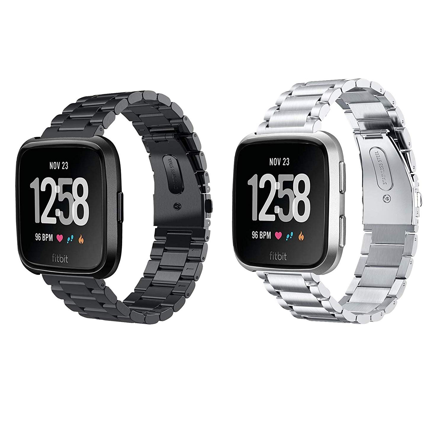 Compatible Fitbit Versa Bands Solid Stainless Steel Metal Replacement Fitbit Versa Smartwatch Band - Black/Silver