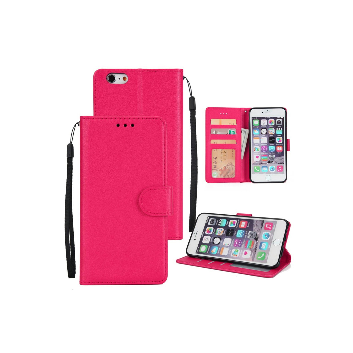 [CS] iPhone 6 / 6S Case, Magnetic Leather Folio Wallet Flip Case Cover with Card Slot, Hot Pink