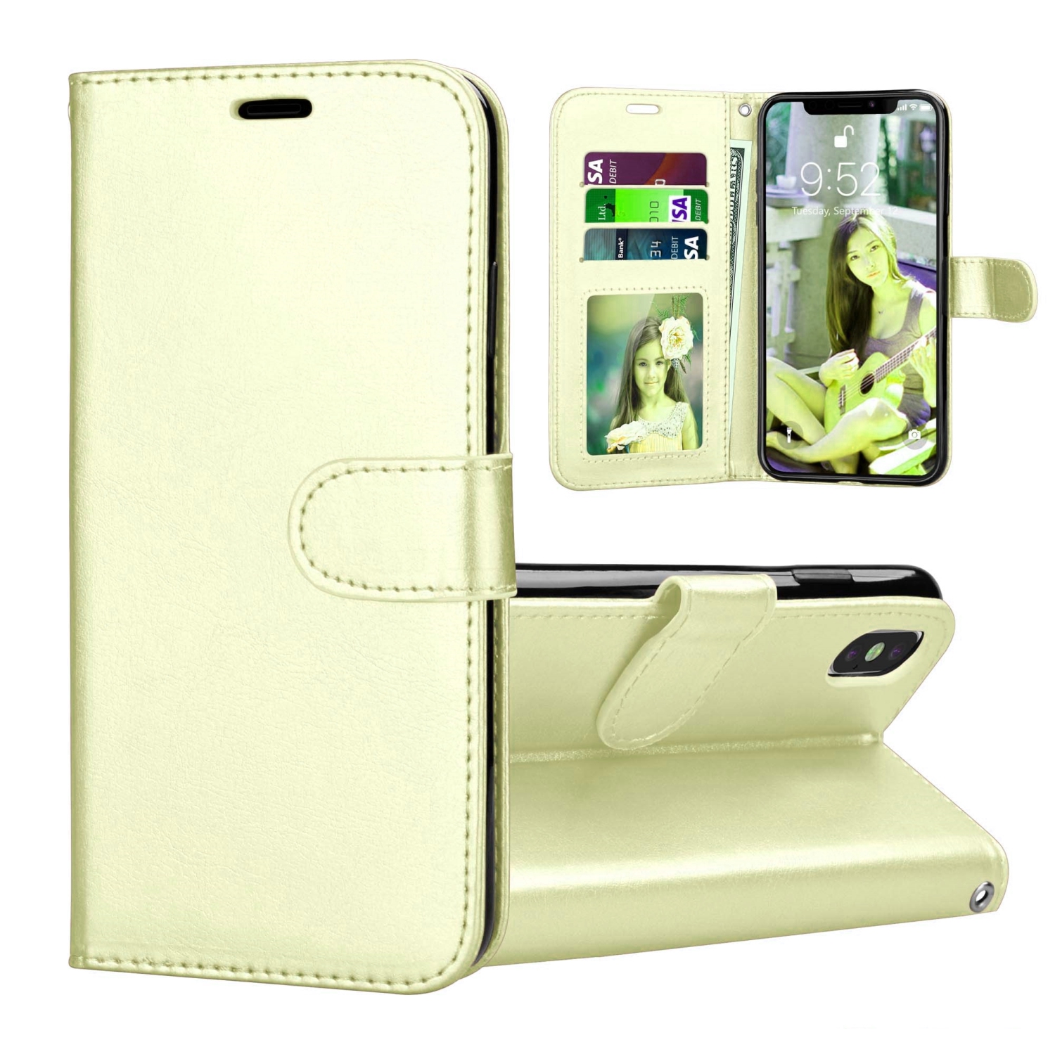 [CS] iPhone X / Xs Case, Magnetic Leather Folio Wallet Flip Case Cover with Card Slot, Gold