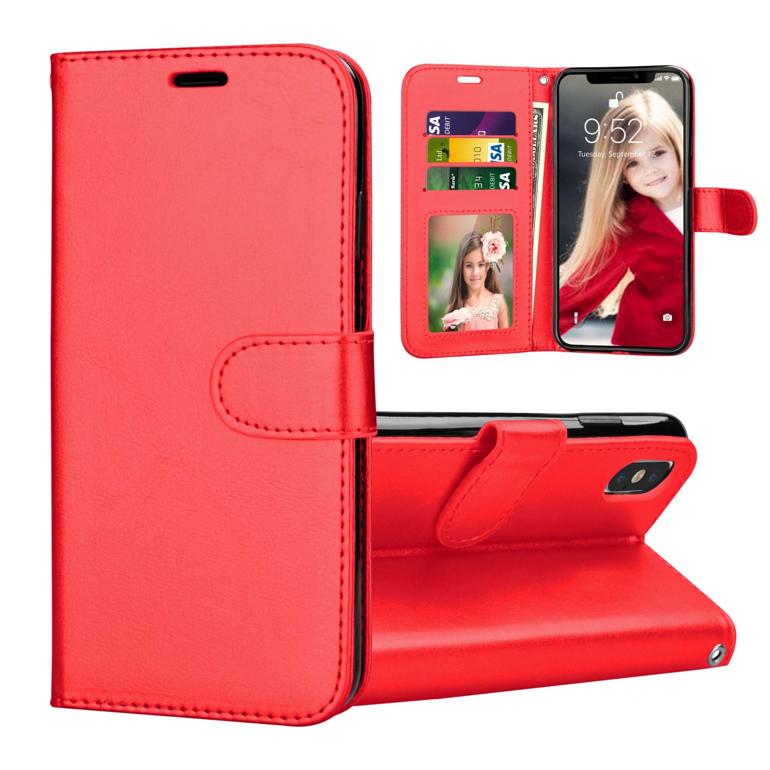 [CS] iPhone X / Xs Case, Magnetic Leather Folio Wallet Flip Case Cover with Card Slot, Red