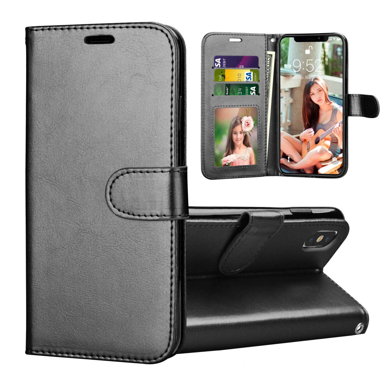 [CS] iPhone X / Xs Case, Magnetic Leather Folio Wallet Flip Case Cover with Card Slot, Black