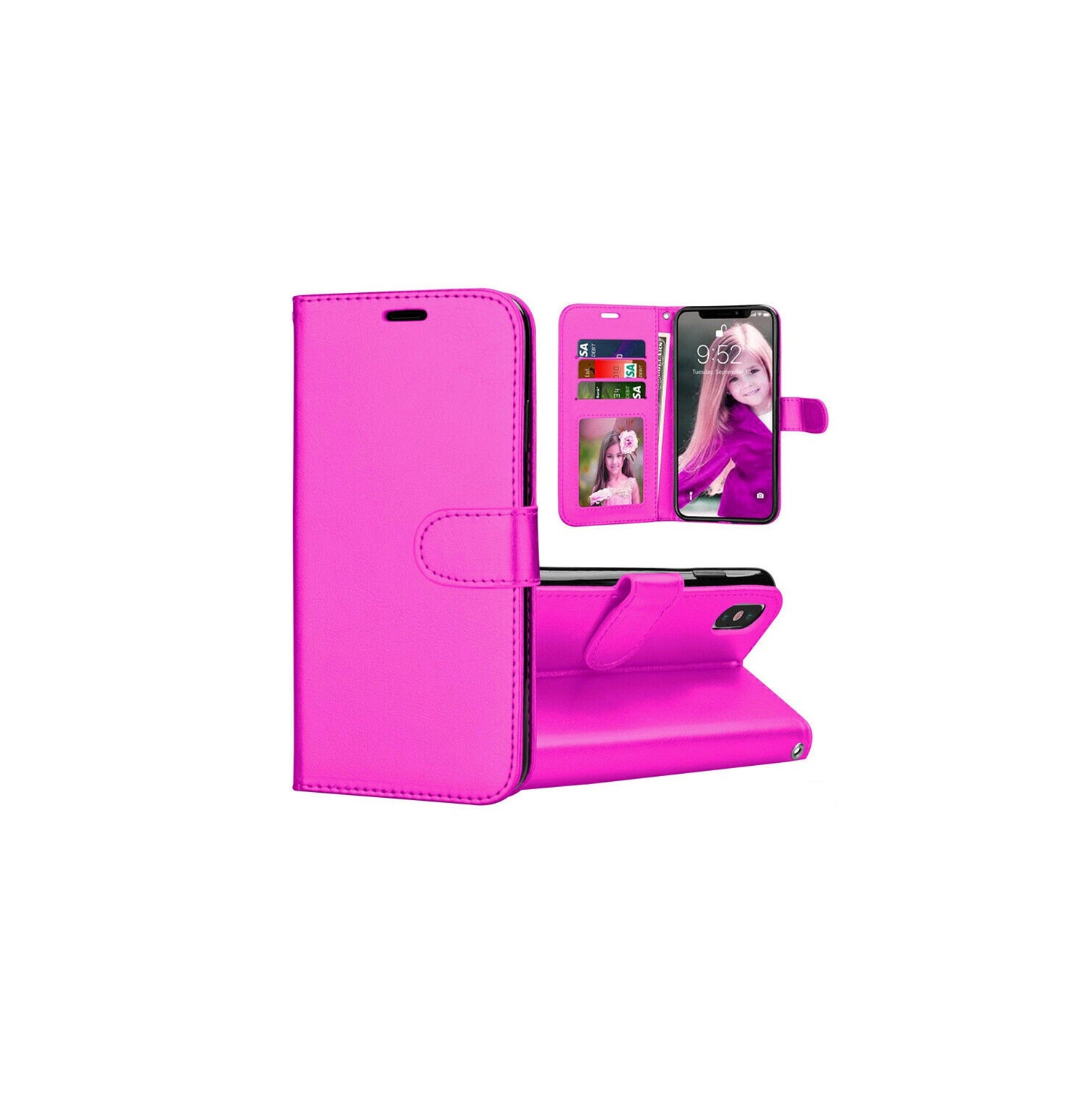 [CS] iPhone X / Xs Case, Magnetic Leather Folio Wallet Flip Case Cover with Card Slot, Hot Pink