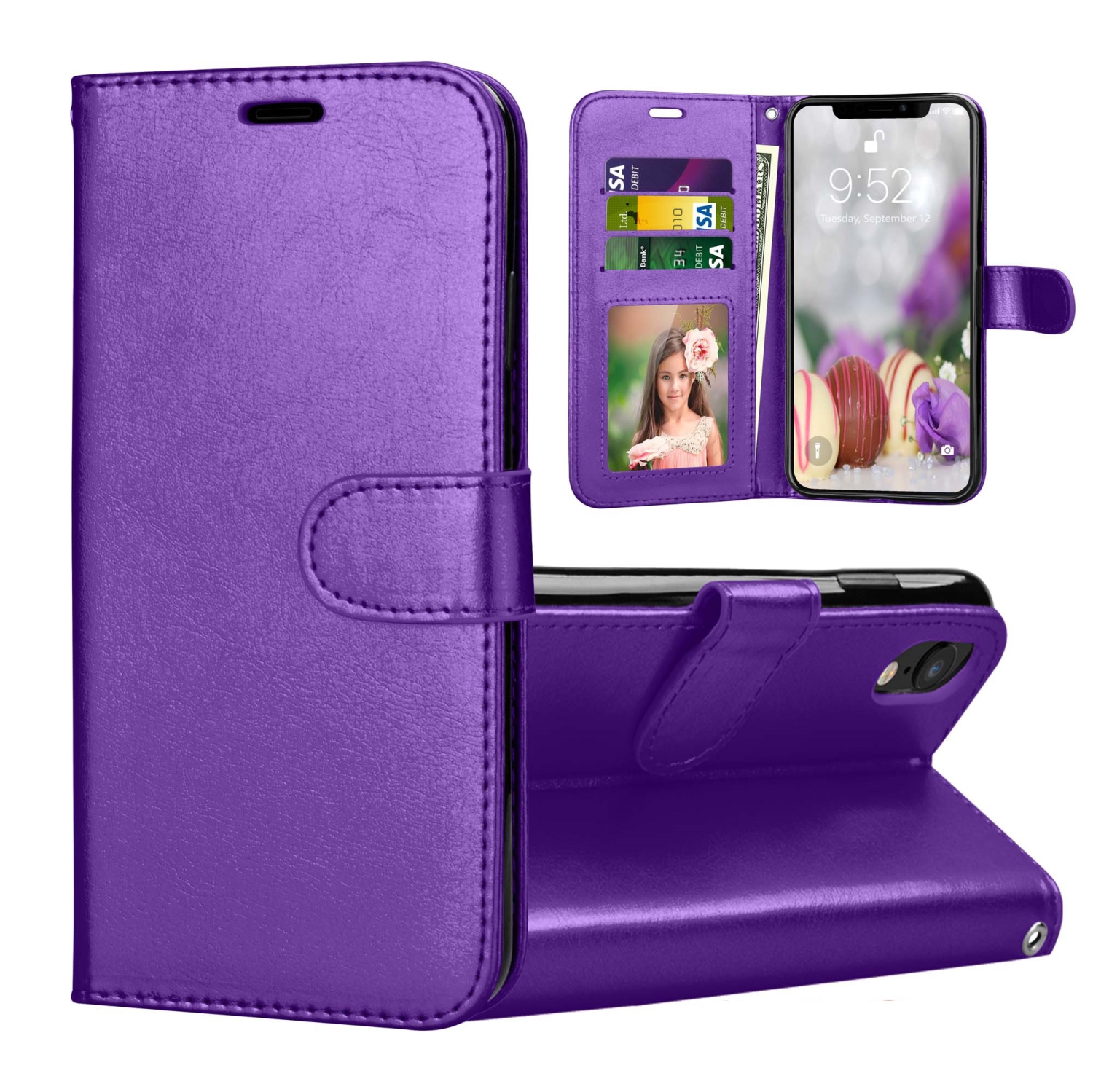 [CS] iPhone X / Xs Case, Magnetic Leather Folio Wallet Flip Case Cover with Card Slot, Purple