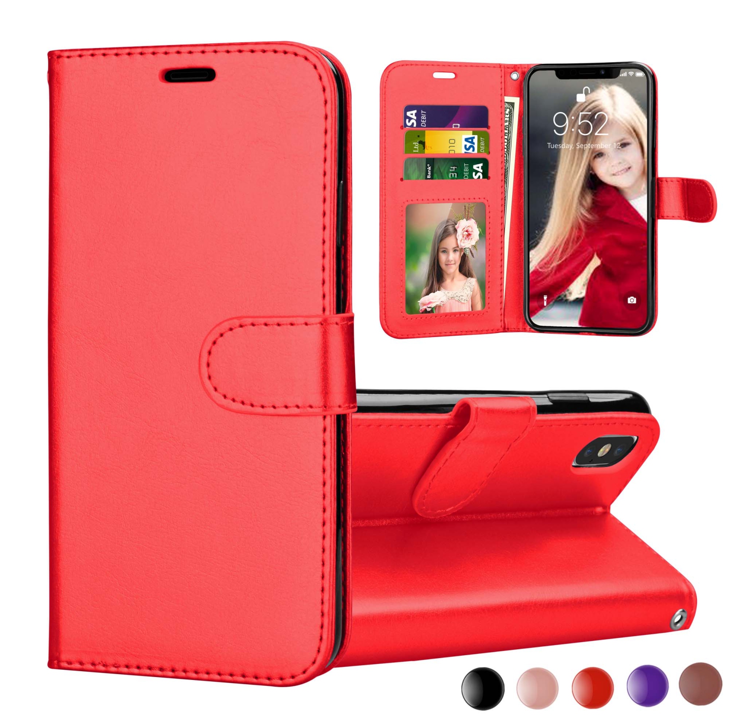[CS] Étui iPhone XR, étui folio en cuir magnétique à rabat avec fente pour carte, rouge