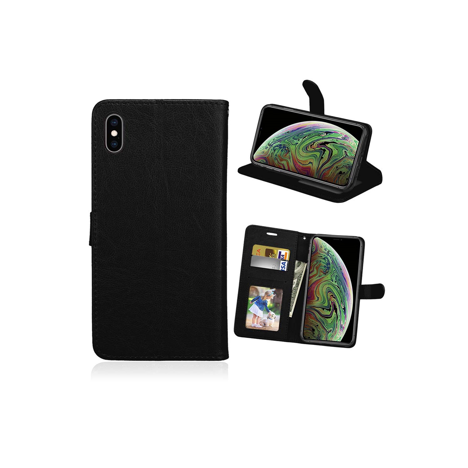 [CS] Étui iPhone XR, étui folio en cuir magnétique à rabat avec fente pour carte, noir