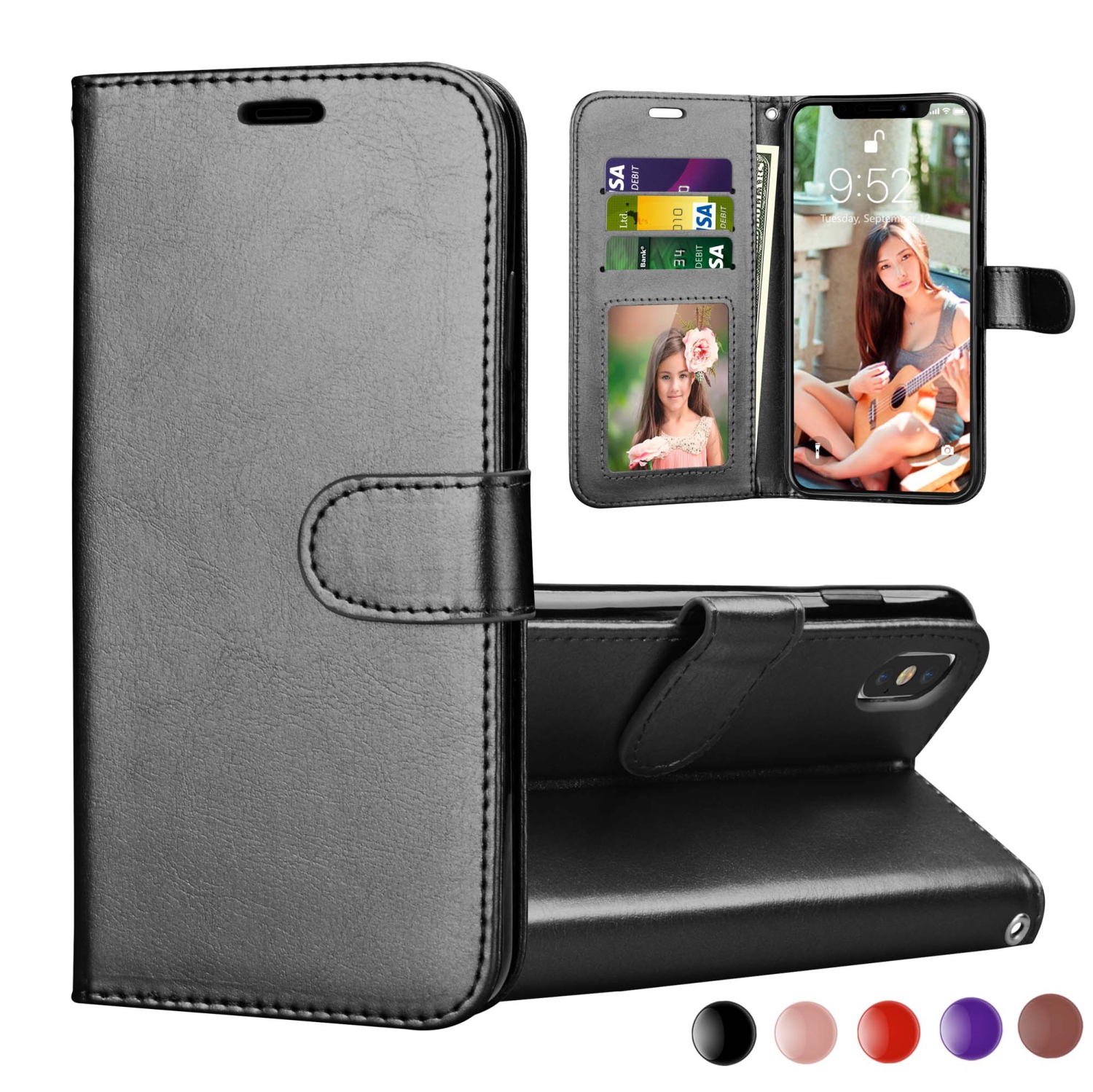 [CS] iPhone Xs Max Case, Magnetic Leather Folio Wallet Flip Case Cover with Card Slot, Black