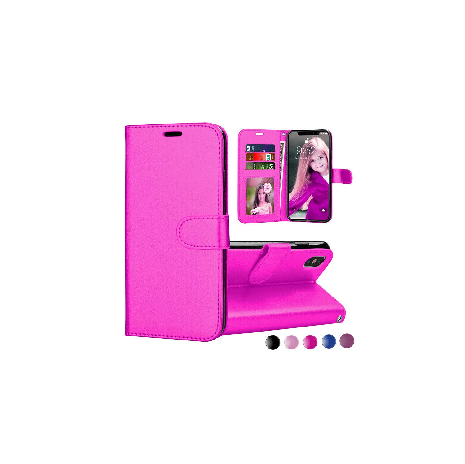 [CS] Étui pour iPhone XS Max, étui folio en cuir magnétique à rabat avec fente pour carte, rose vif