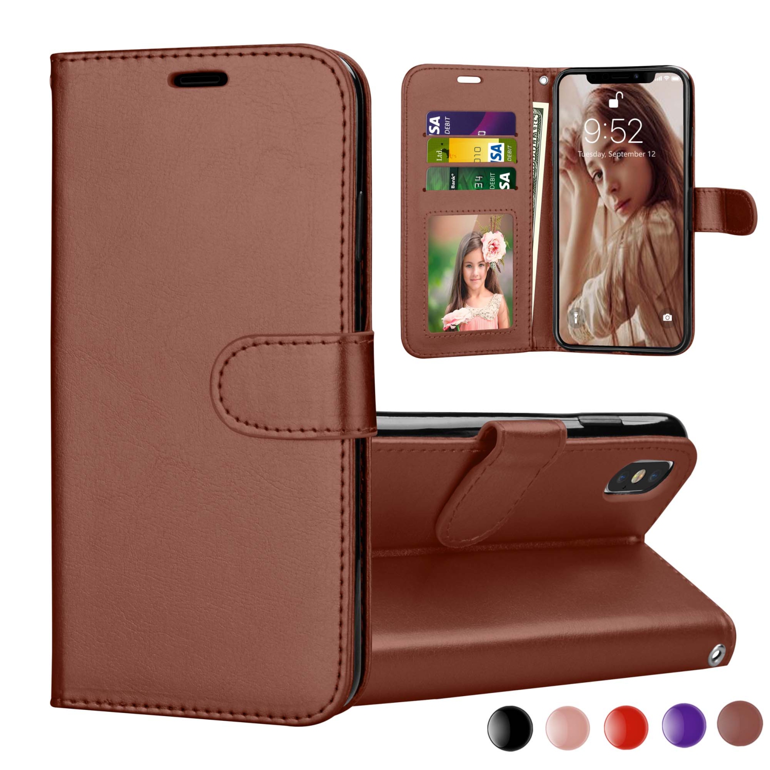 [CS] iPhone Xs Max Case, Magnetic Leather Folio Wallet Flip Case Cover with Card Slot, Brown