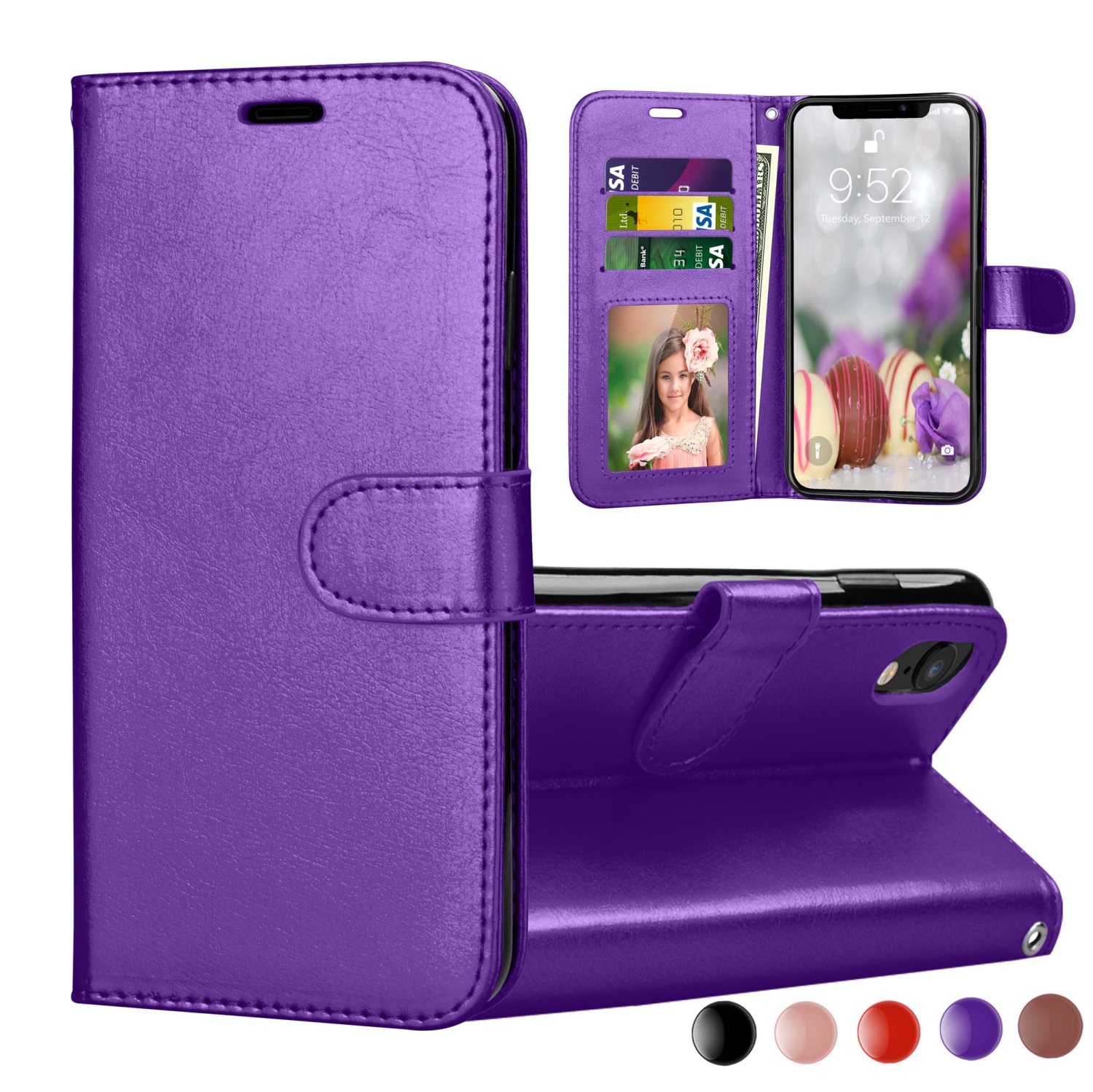 [CS] iPhone Xs Max Case, Magnetic Leather Folio Wallet Flip Case Cover with Card Slot, Purple