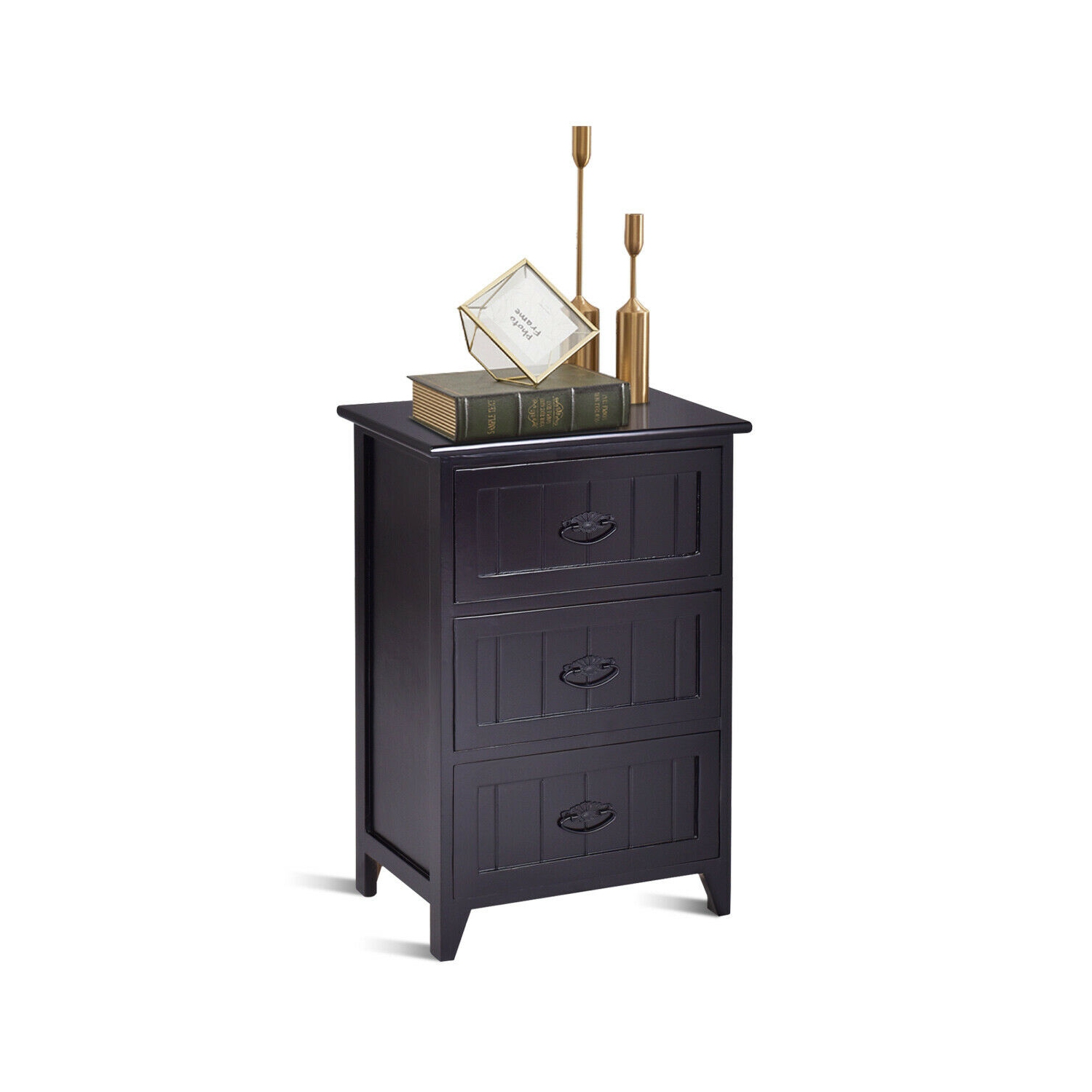 Gymax 3 Drawers Nightstand End Table Storage Wood Side Bedside Black