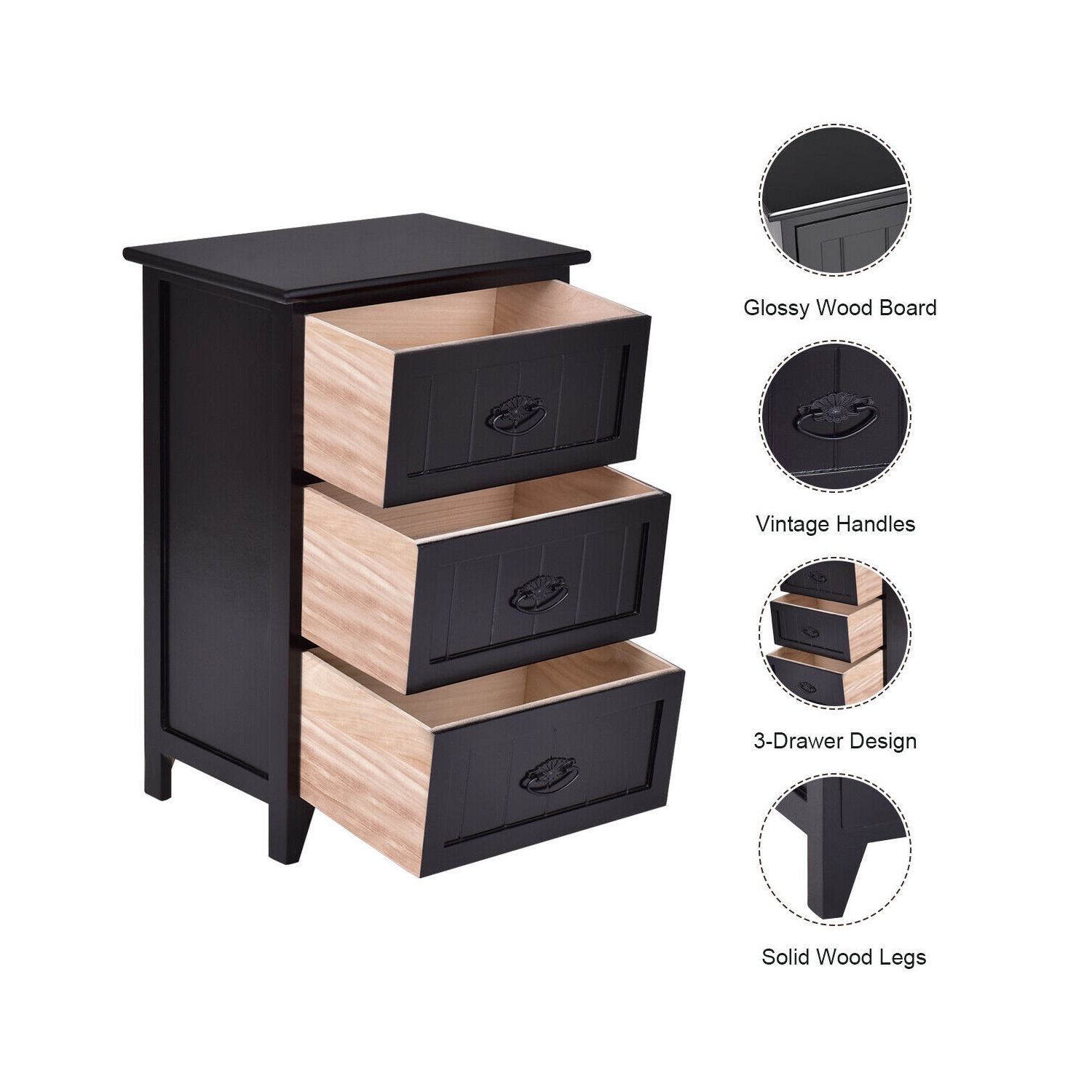 Gymax 3 Drawers Nightstand End Table Storage Wood Side Bedside Black