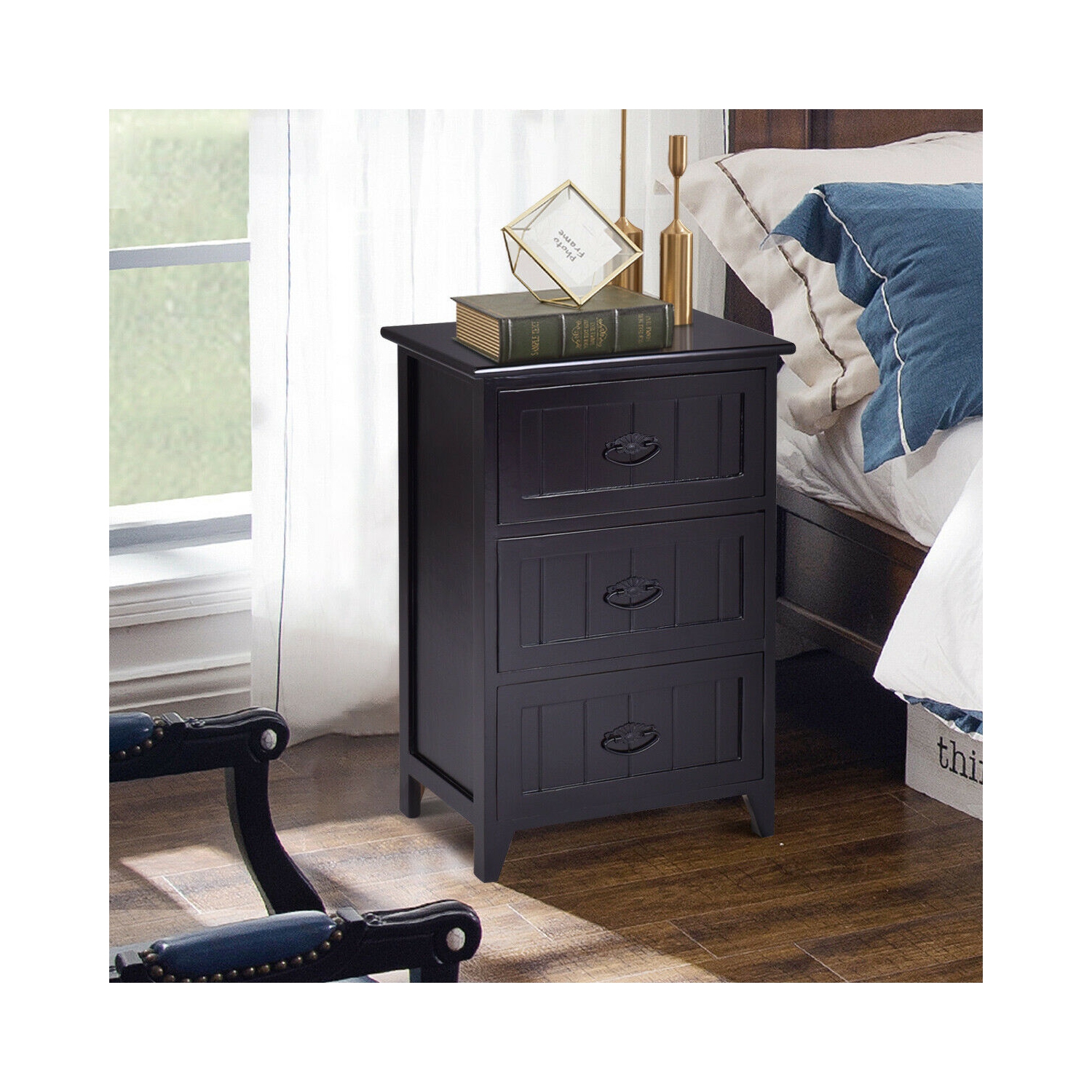 Gymax 3 Drawers Nightstand End Table Storage Wood Side Bedside Black