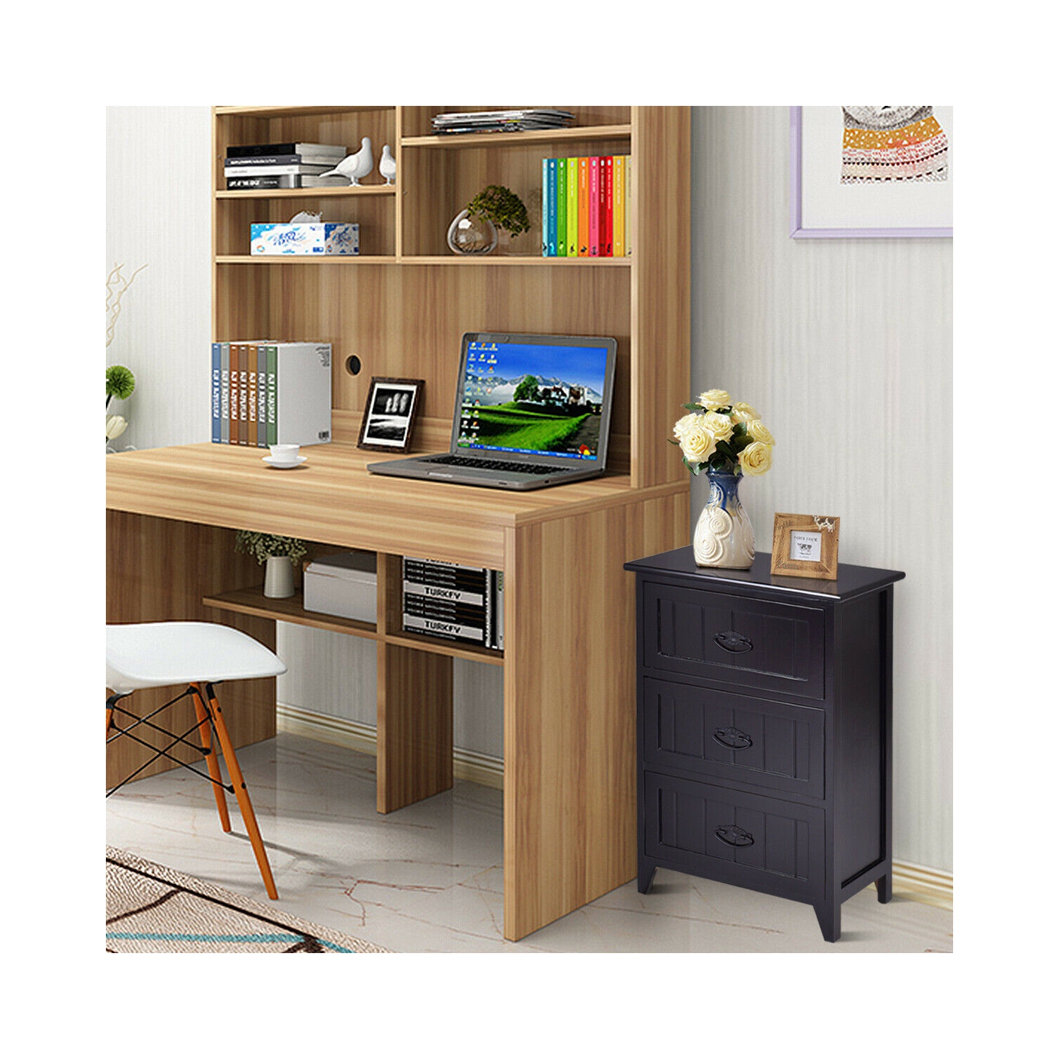 Gymax 3 Drawers Nightstand End Table Storage Wood Side Bedside Black