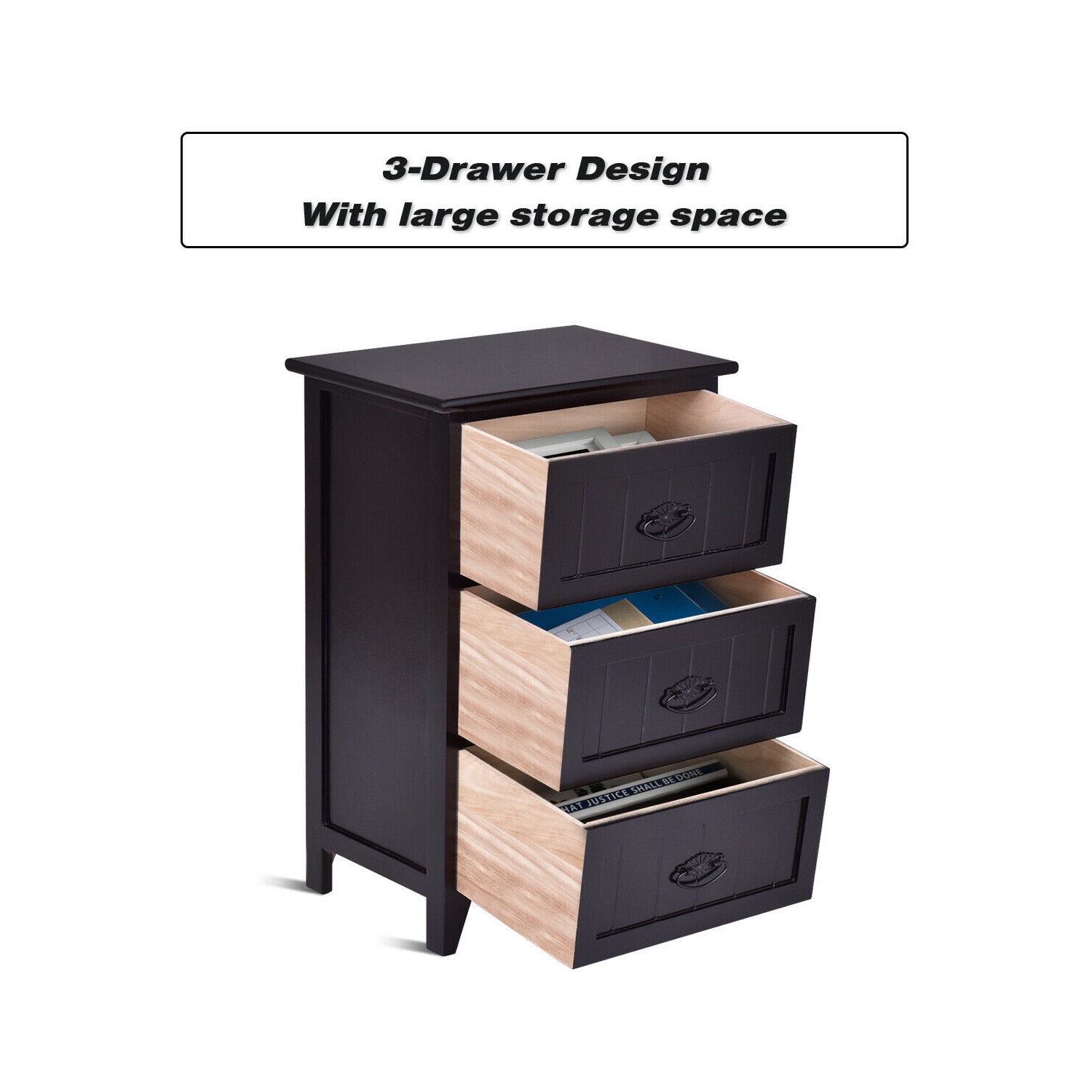 Gymax 3 Drawers Nightstand End Table Storage Wood Side Bedside Black