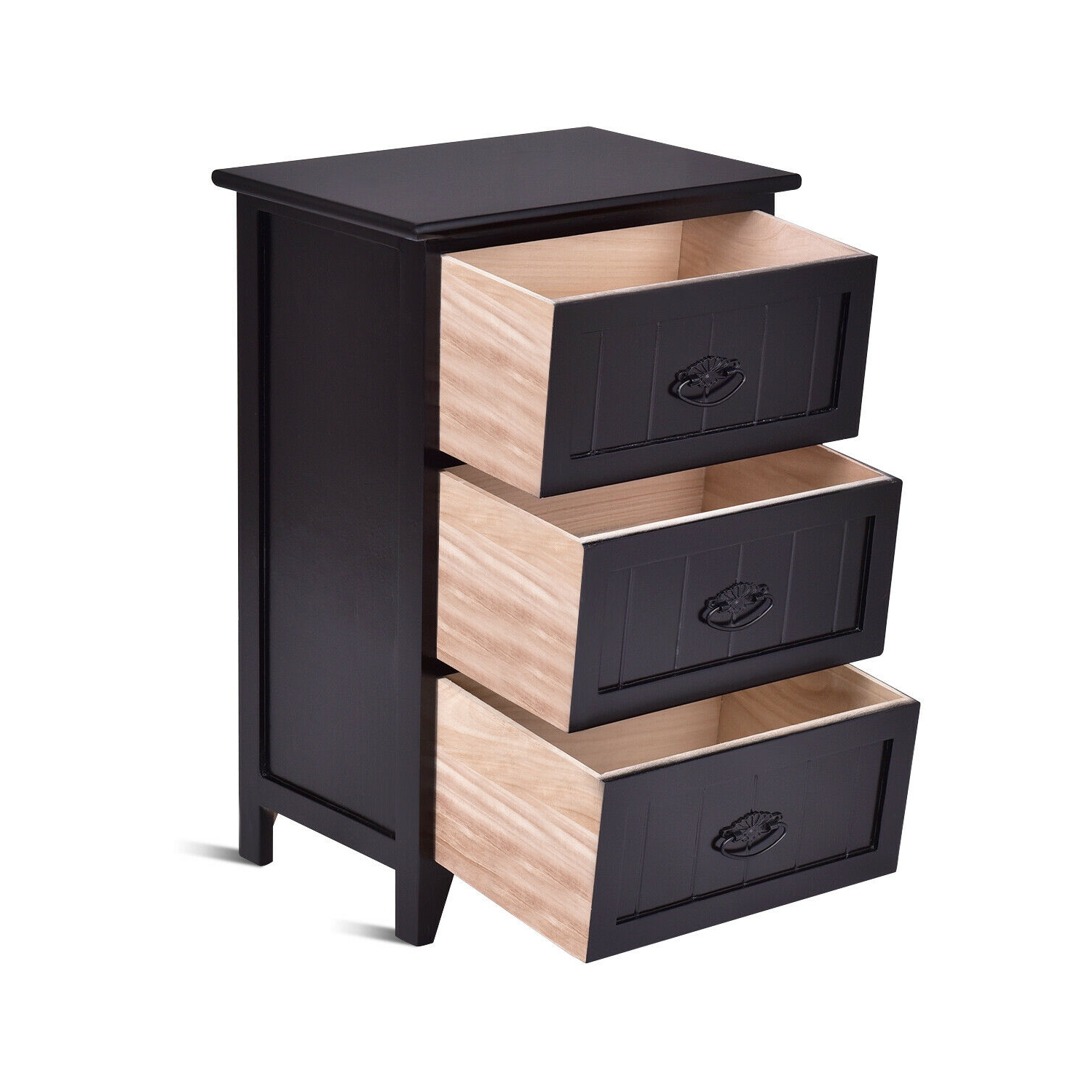 Gymax 3 Drawers Nightstand End Table Storage Wood Side Bedside Black