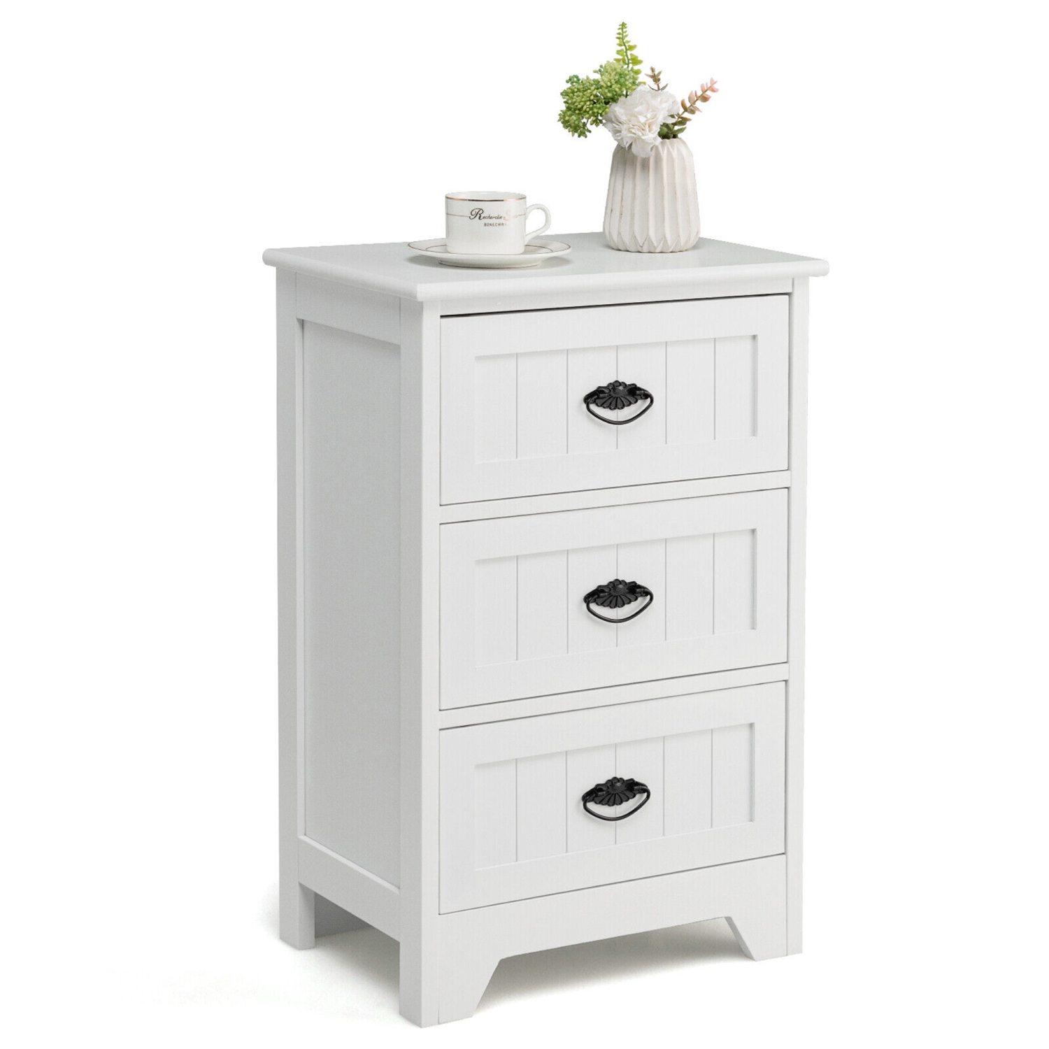 Gymax End Table Nightstand Bedroom Storage w/ 3 Drawers & Wood Slide White