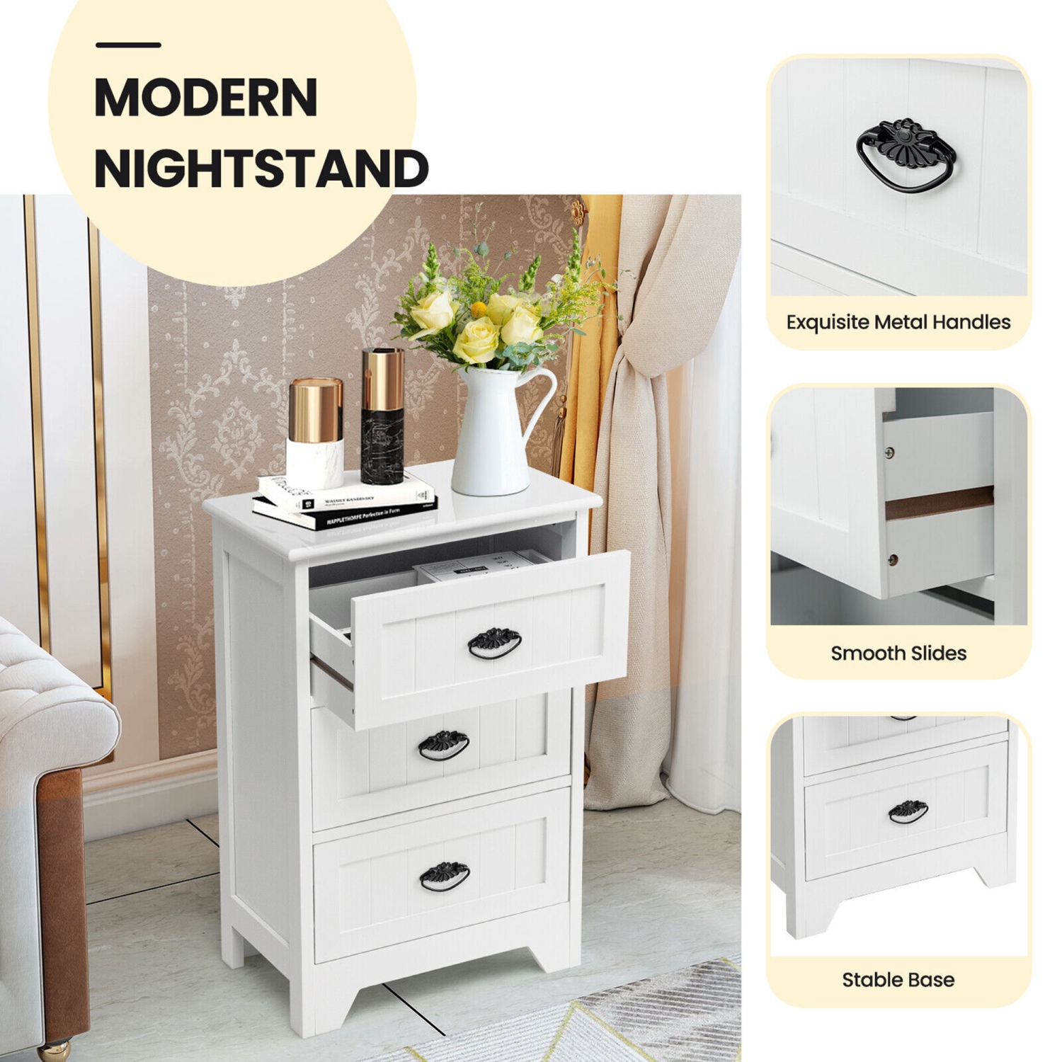 Gymax End Table Nightstand Bedroom Storage w/ 3 Drawers & Wood Slide White