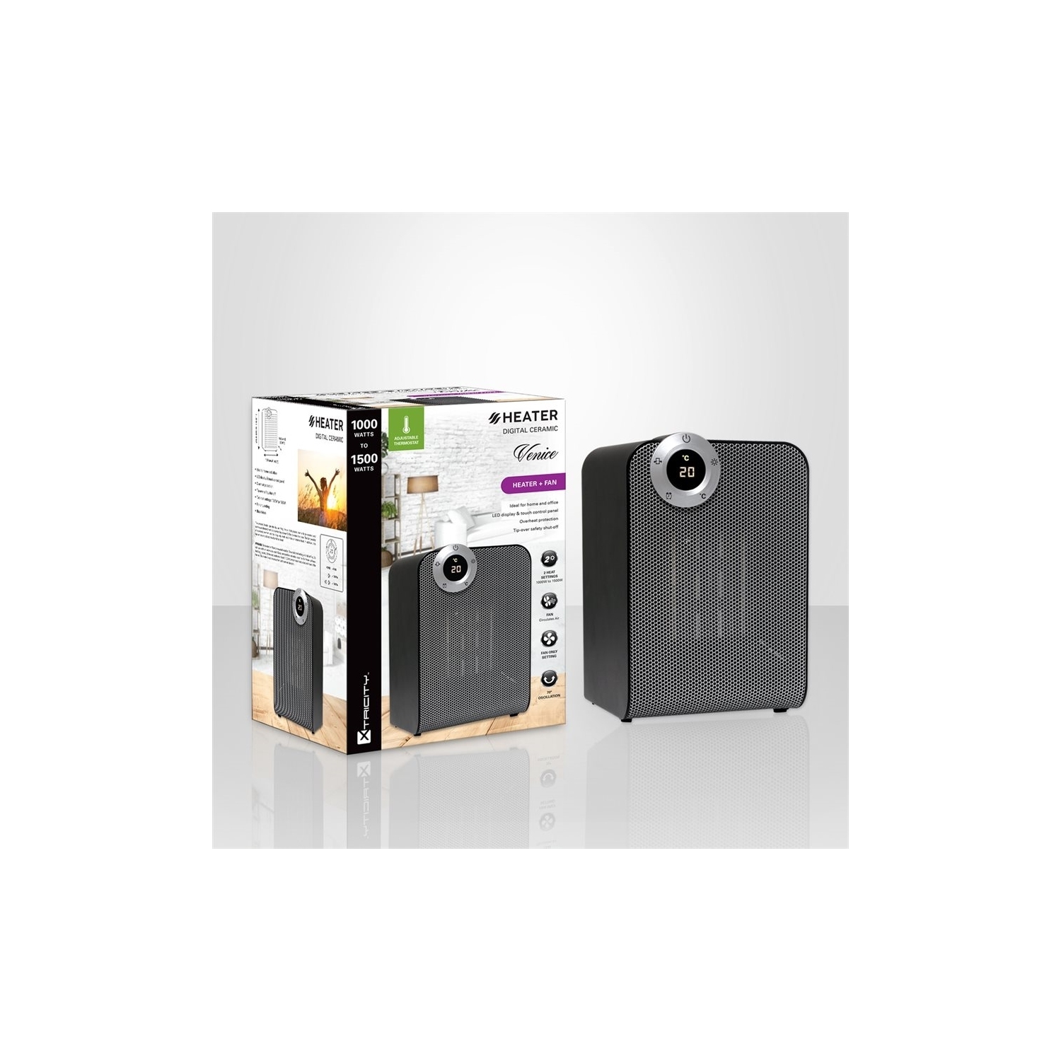 Radiateur Xcentricité 4-8007 Venice + ventilateur en céramique numérique 1000 W à 1500 W Noir