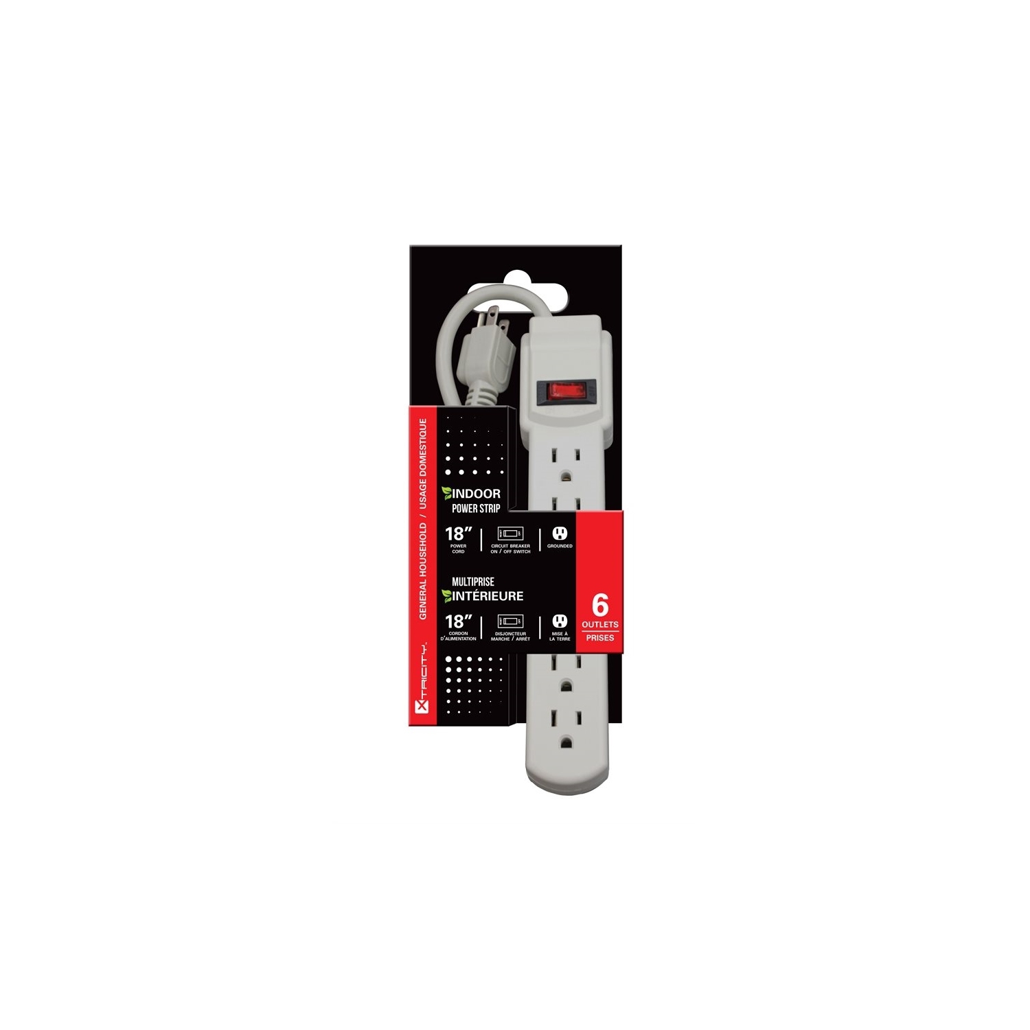Barre d’alimentation à 3-70600 6 prises Xcentric avec cordon de 1,5 pi de calibre 14/3 gris