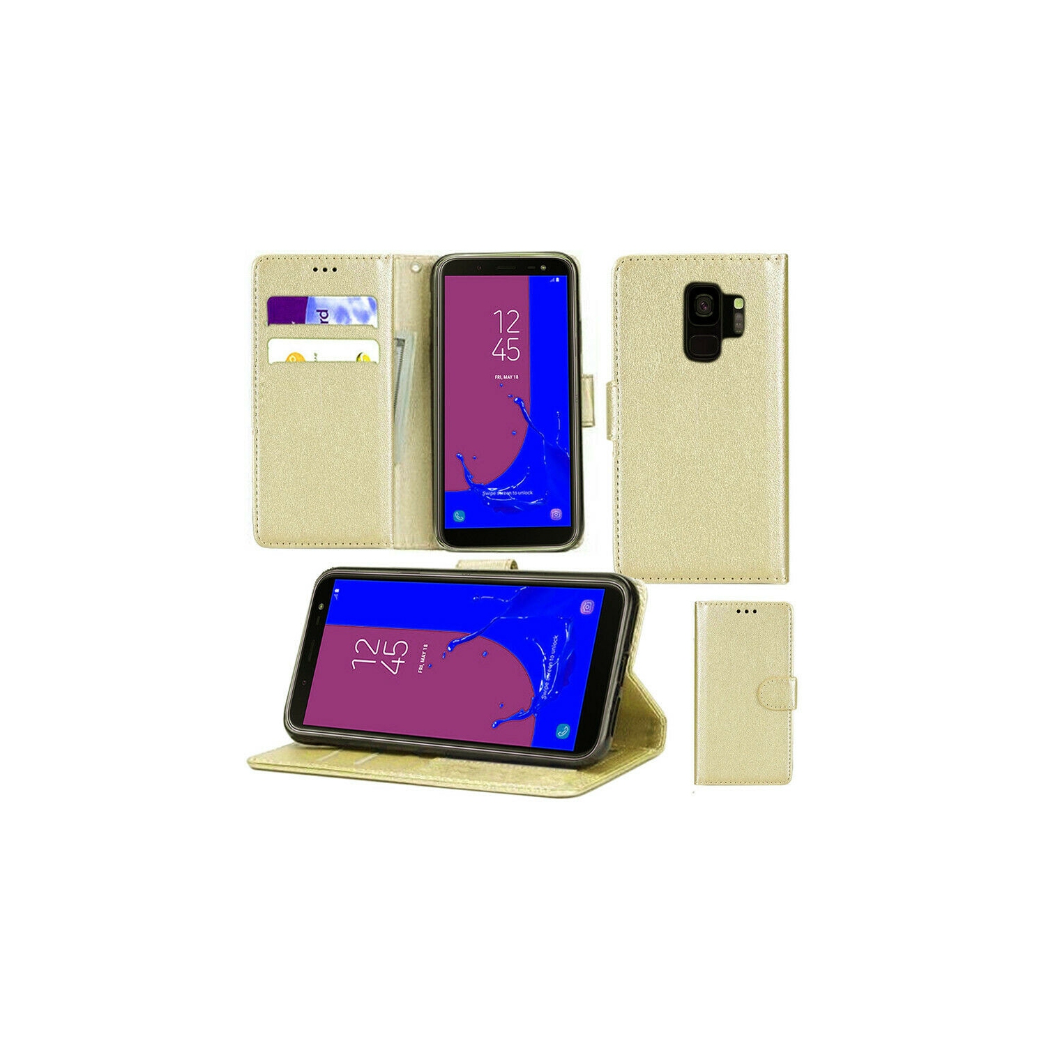 [CS] Samsung Galaxy A8 2018 Case, Magnetic Leather Folio Wallet Flip Case Cover with Card Slot, Gold