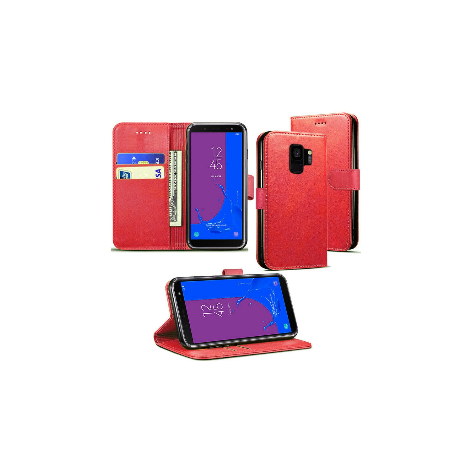 [CS] Samsung Galaxy A8 2018 Case, Magnetic Leather Folio Wallet Flip Case Cover with Card Slot, Red