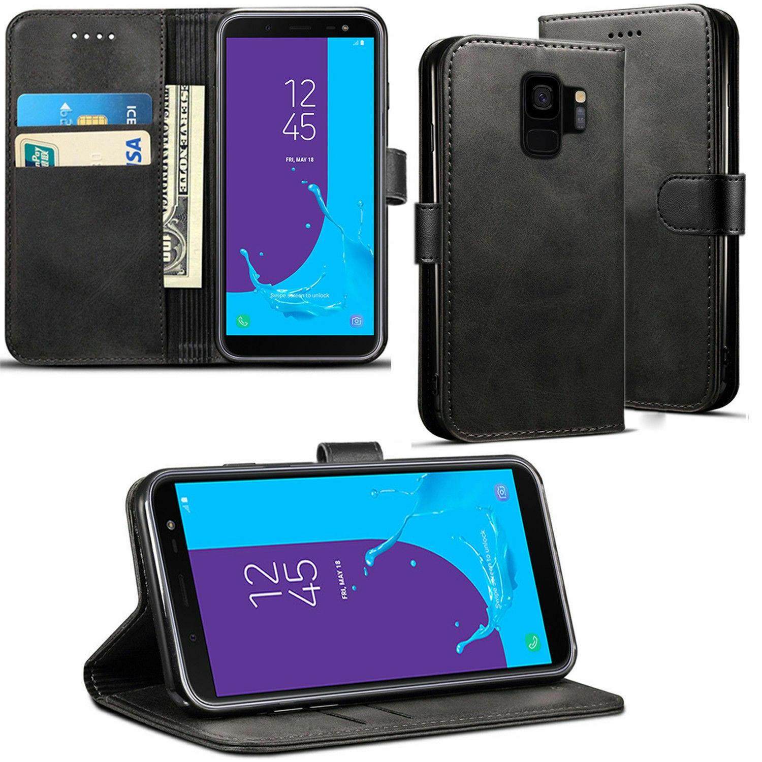 [CS] Samsung Galaxy A8 2018 Case, Magnetic Leather Folio Wallet Flip Case Cover with Card Slot, Black