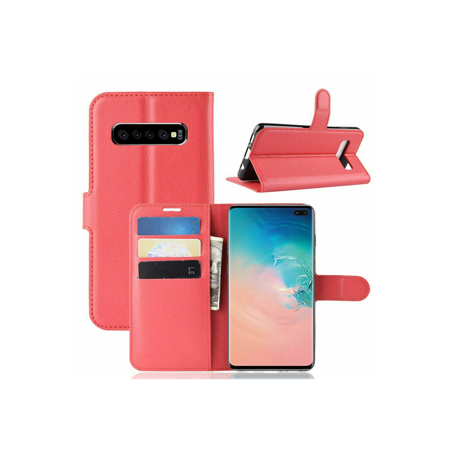 [CS] Étui pour Galaxy S10 plus de Samsung, étui portefeuille folio magnétique en cuir à rabat avec fente pour carte, rouge