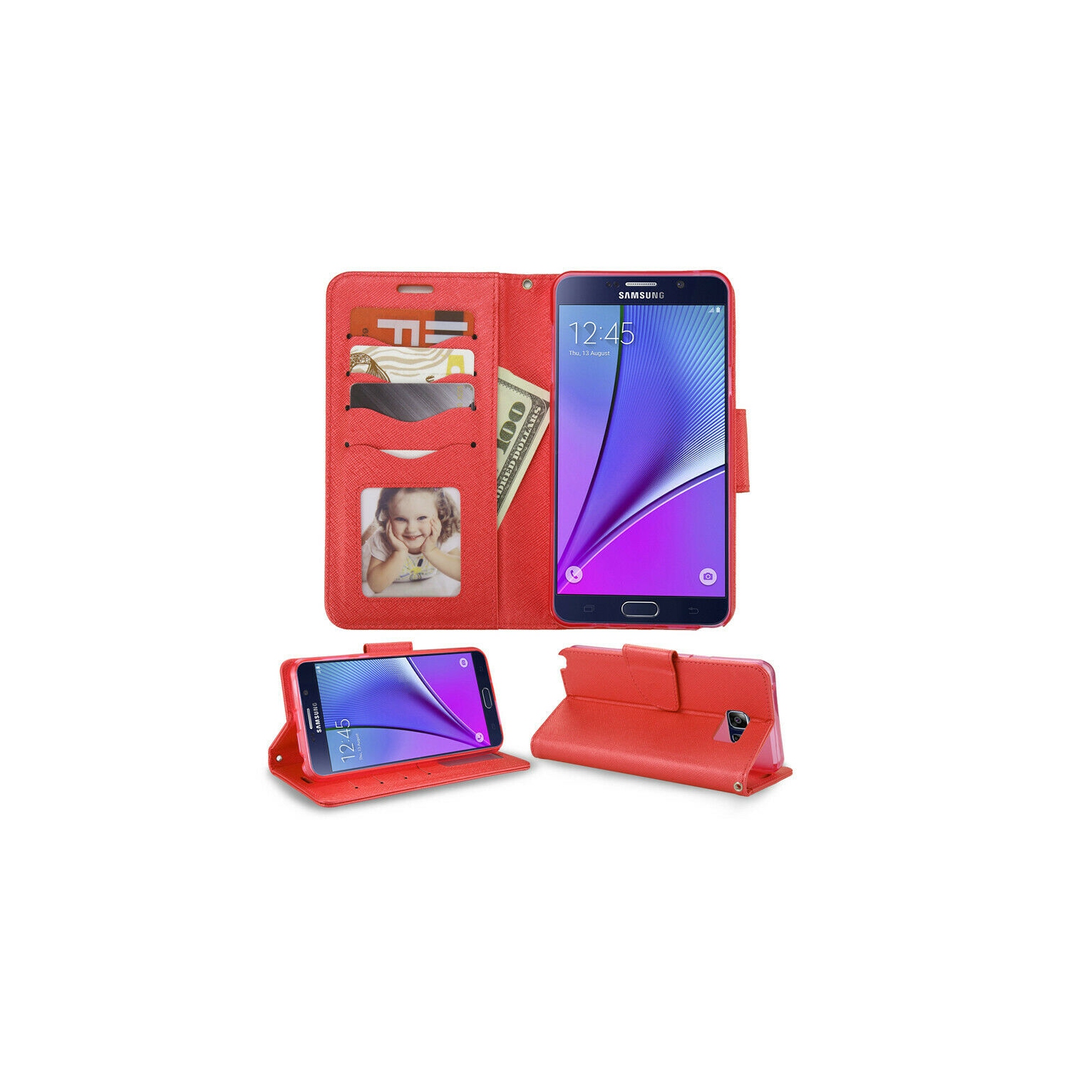 【CSmart】 Magnetic Card Slot Leather Folio Wallet Flip Case Cover for Samsung Galaxy Note 5, Red