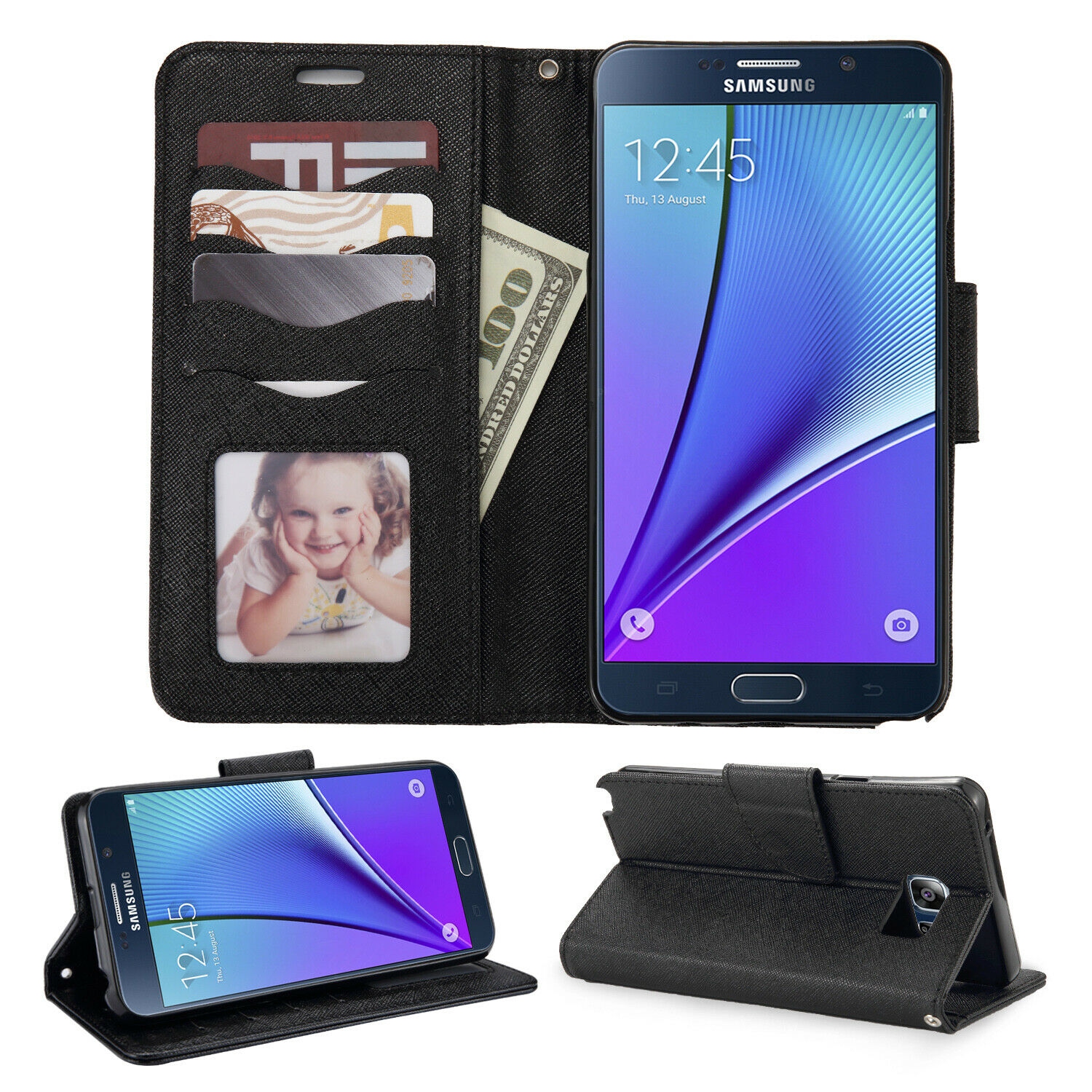 【CSmart】 Magnetic Card Slot Leather Folio Wallet Flip Case Cover for Samsung Galaxy Note 5, Black