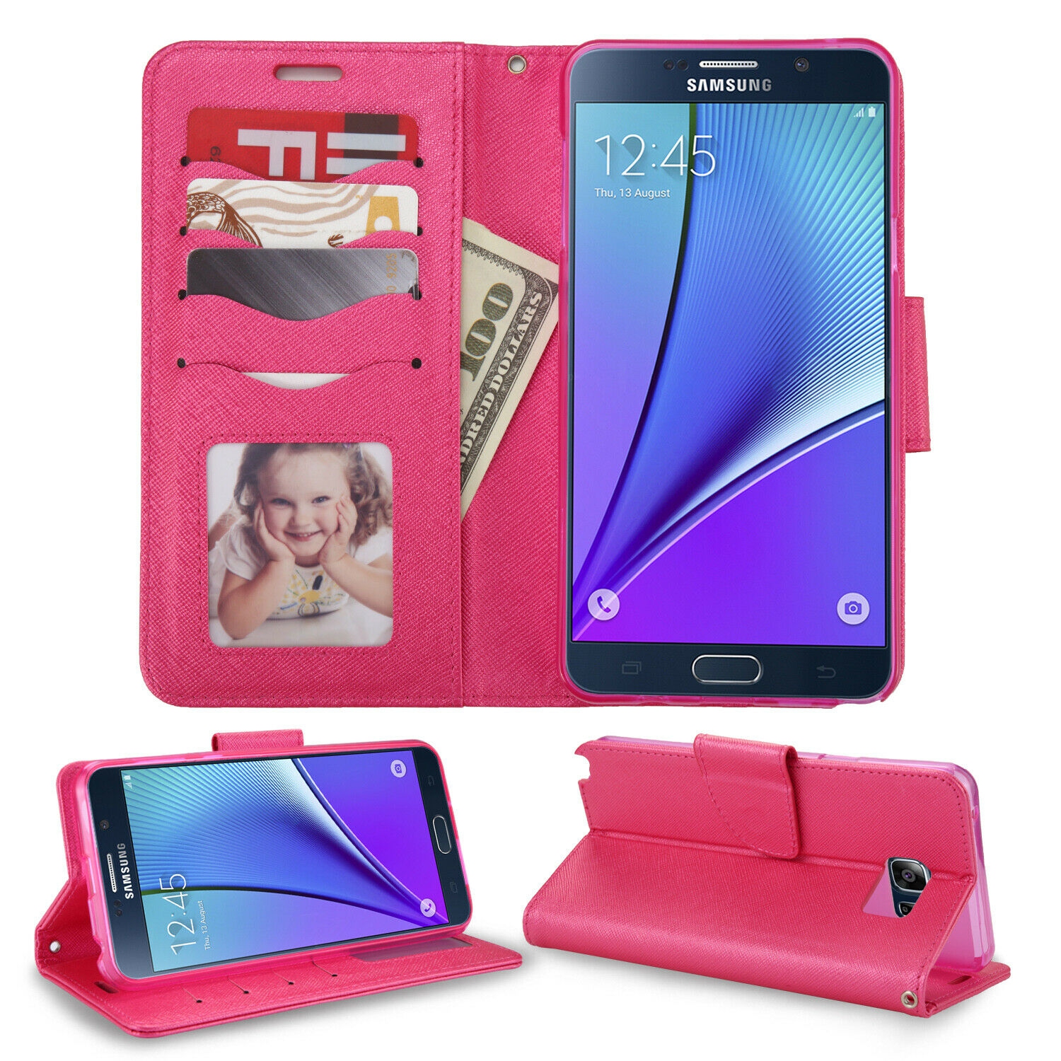 【CSmart】 Magnetic Card Slot Leather Folio Wallet Flip Case Cover for Samsung Galaxy Note 5, Hot Pink