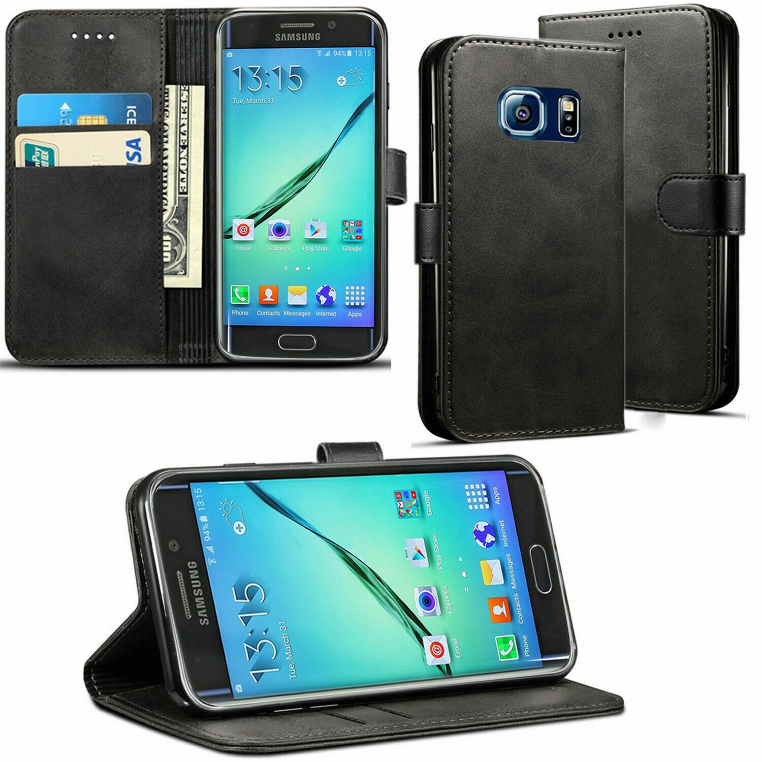 【CSmart】 Magnetic Card Slot Leather Folio Wallet Flip Case Cover for Samsung Galaxy S6, Black