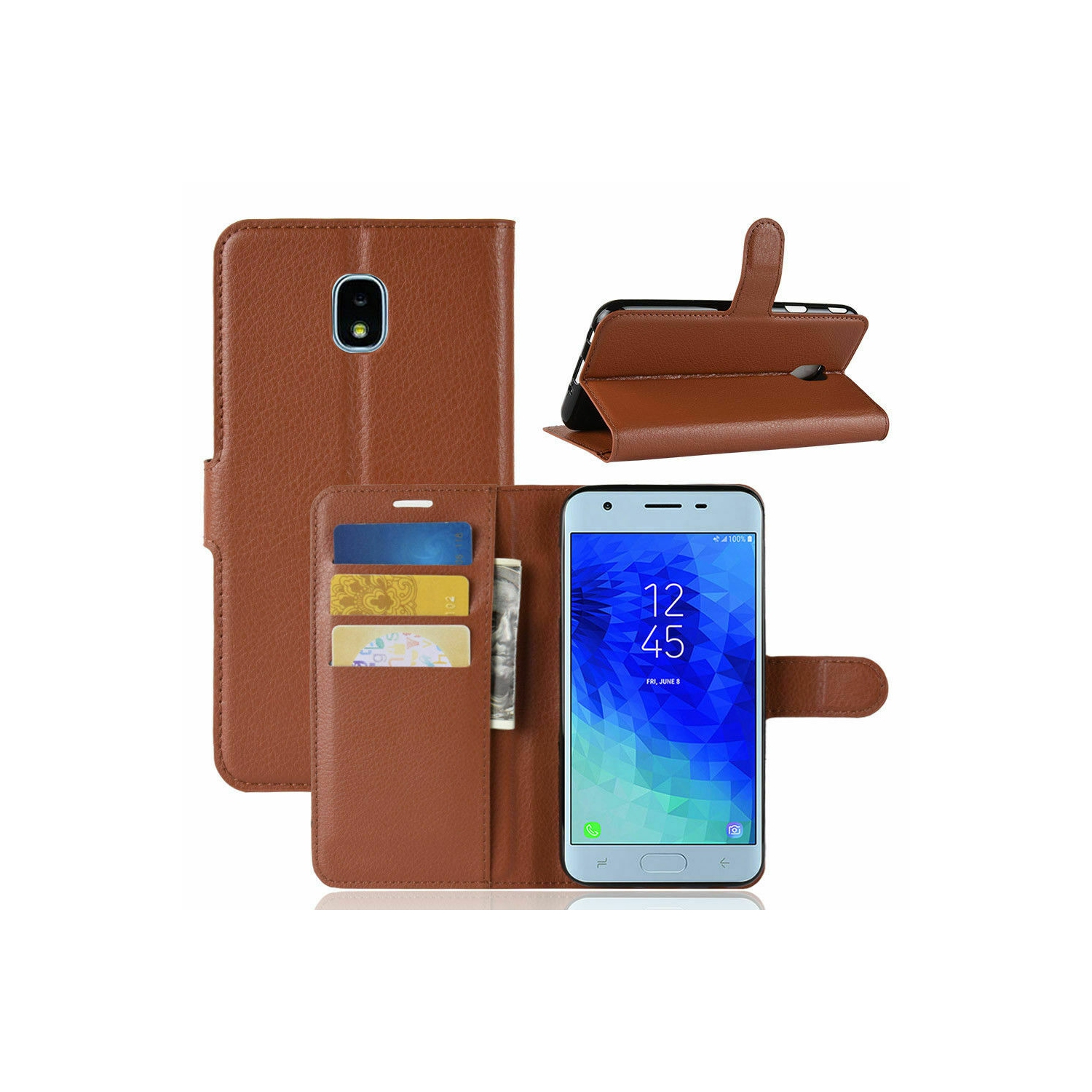 【CSmart】 Magnetic Card Slot Leather Folio Wallet Flip Case Cover for Samsung Galaxy J3 2018, Brown