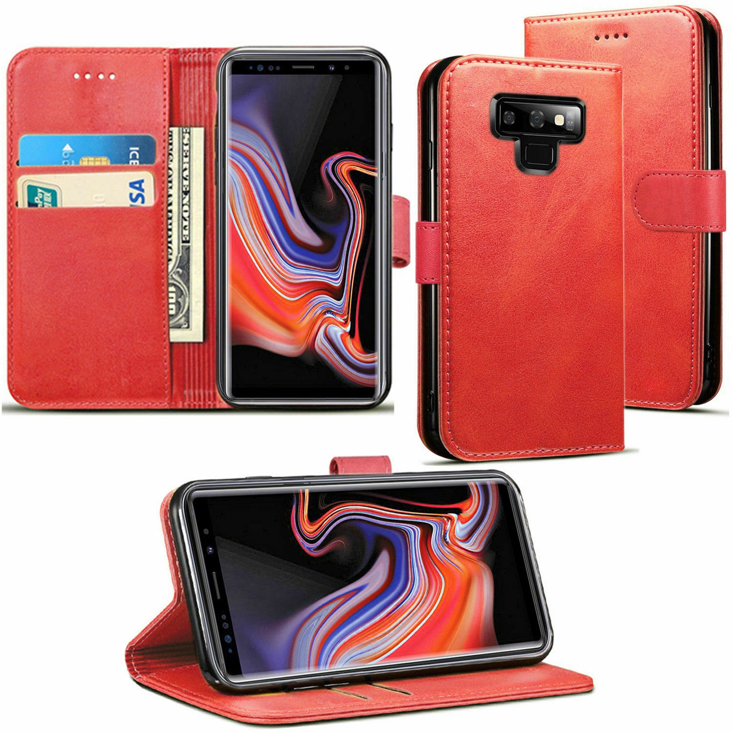【CSmart】 Magnetic Card Slot Leather Folio Wallet Flip Case Cover for Samsung Galaxy Note 9, Red
