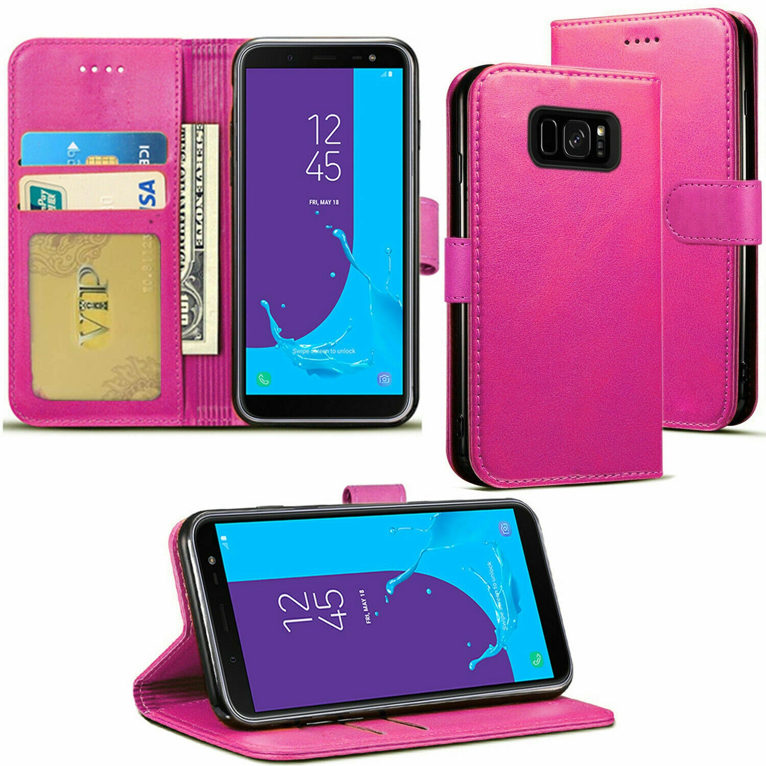 【CSmart】 Magnetic Card Slot Leather Folio Wallet Flip Case Cover for Samsung Galaxy S6 Edge, Hot Pink