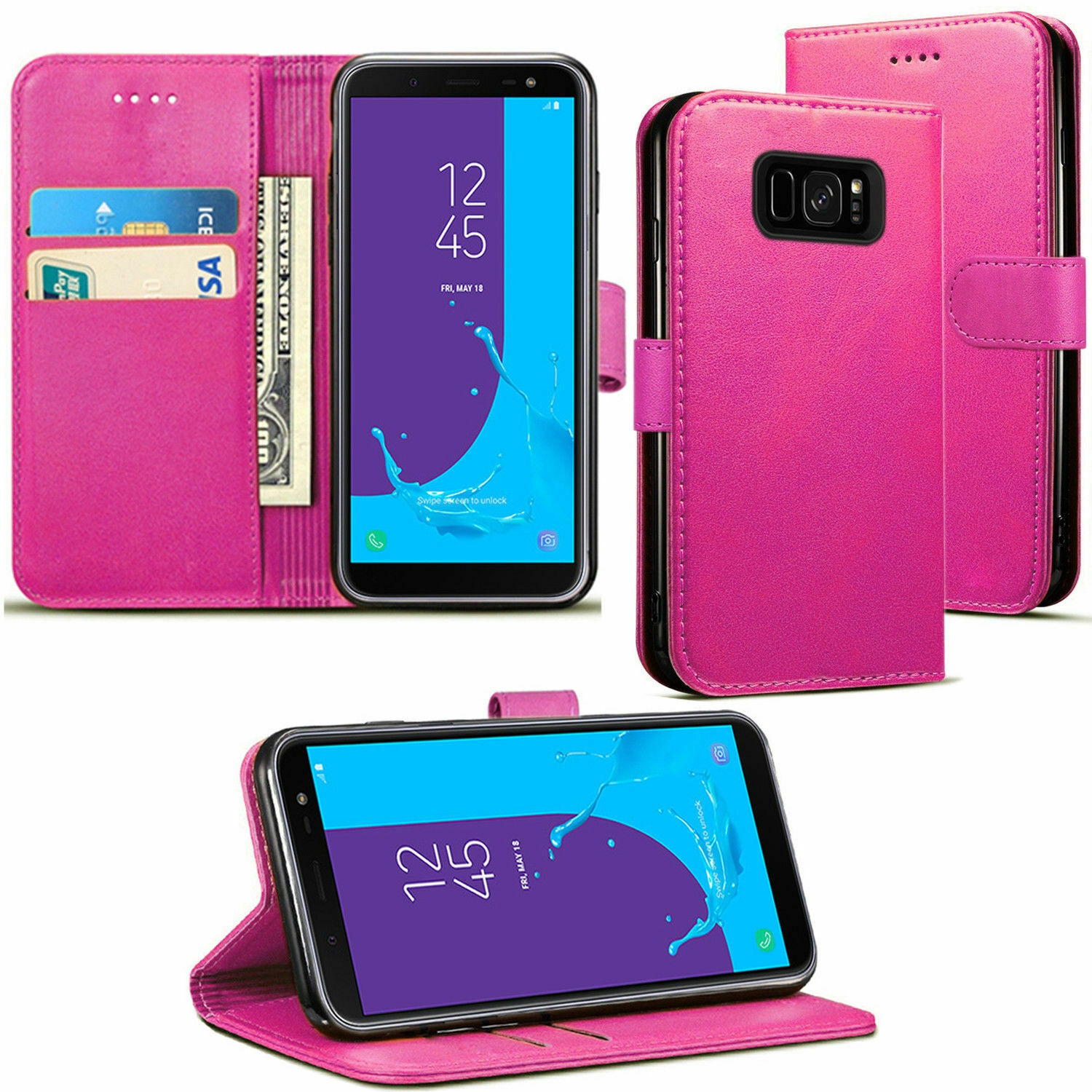【CSmart】 Magnetic Card Slot Leather Folio Wallet Flip Case Cover for Samsung Galaxy S8 Plus, Hot Pink