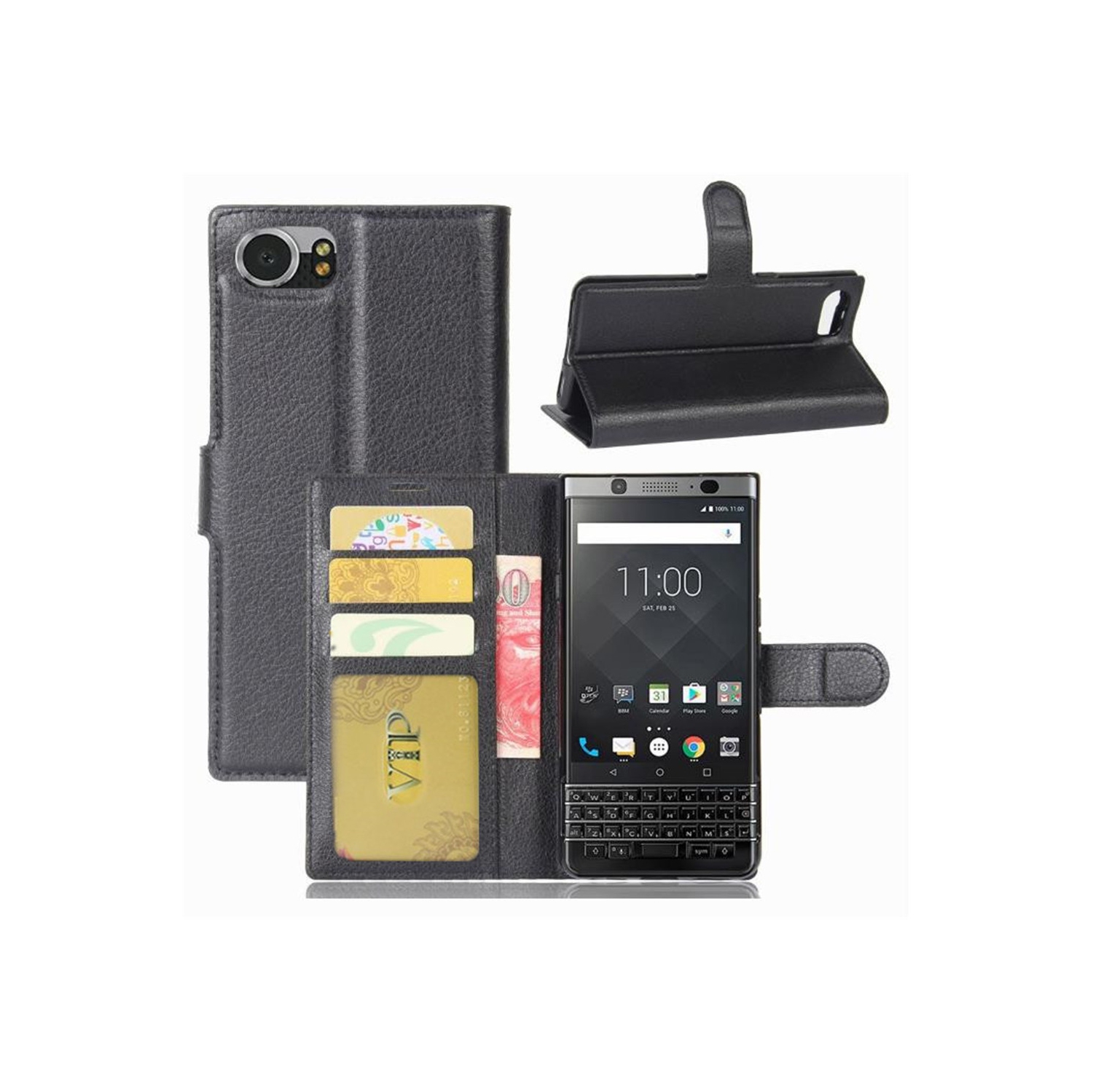 [CS] Étui pour BlackBerry KEYone Key1, étui folio en cuir magnétique à rabat avec fente pour carte, noir